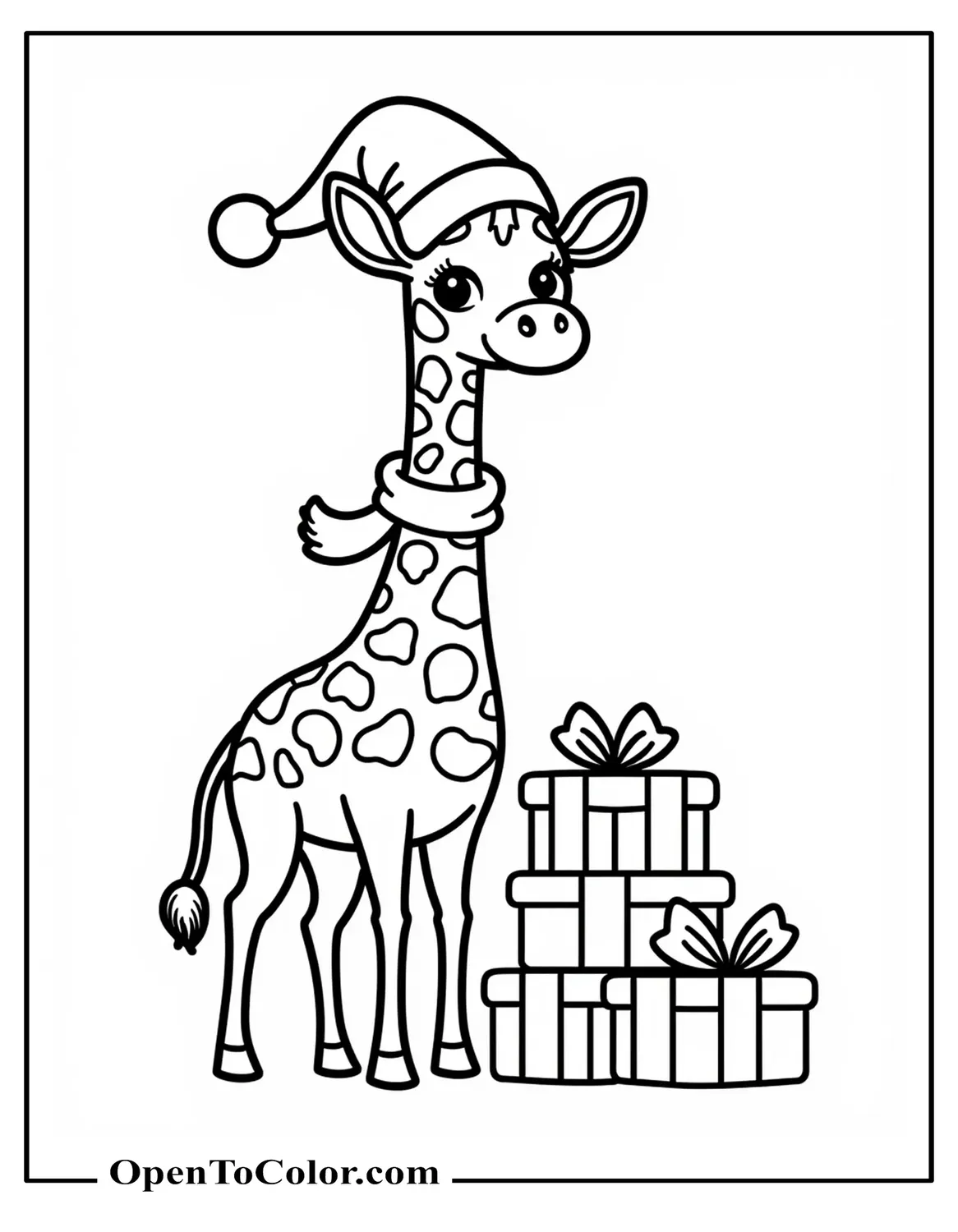 Giraffe wearing a Santa hat with a scarf, standing beside a stack of presents, coloring sheet PDF.
