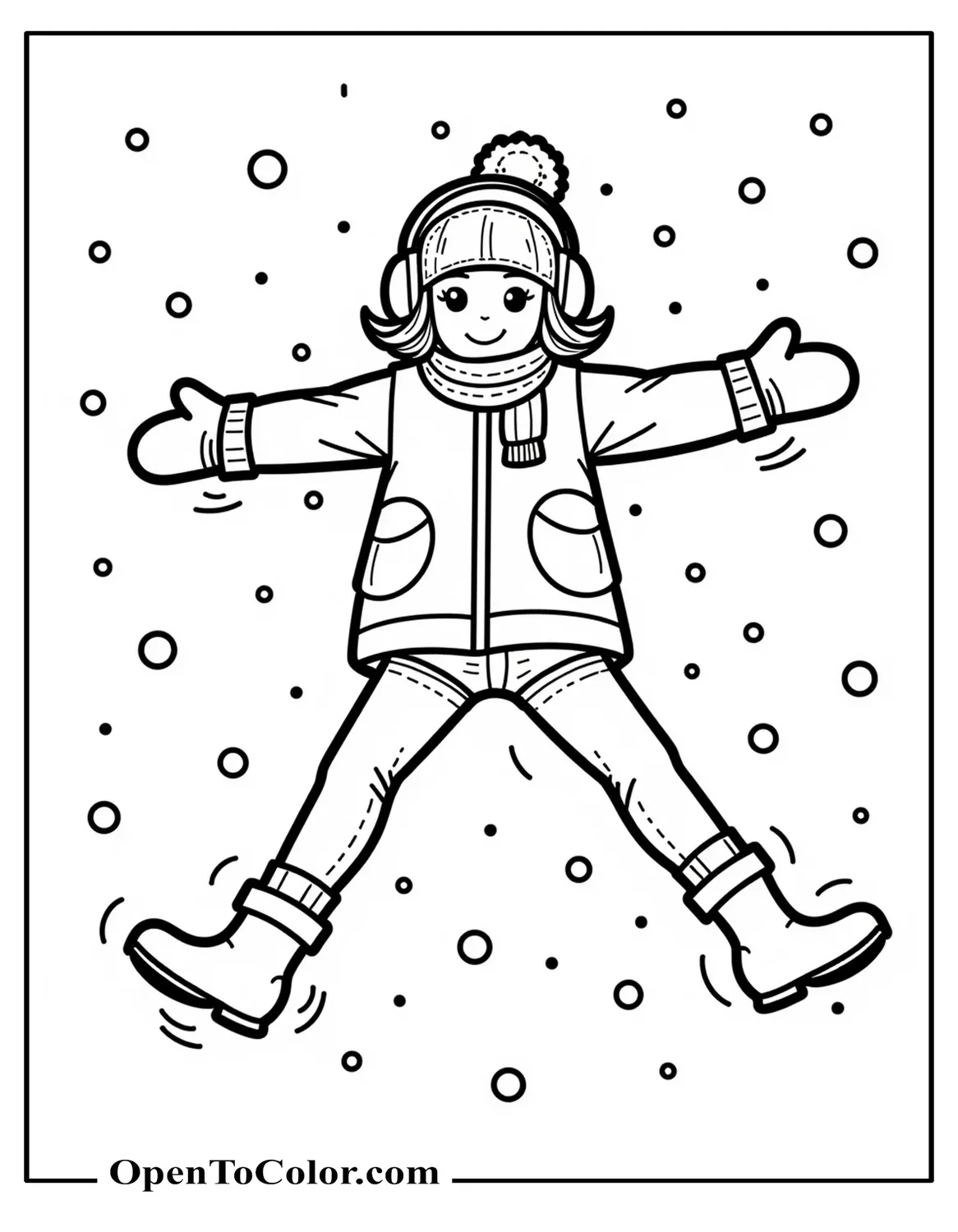 Printable Coloring Sheet of Girl in Mittens and Earmuffs Making a Snow Angel, Boots Sticking Out