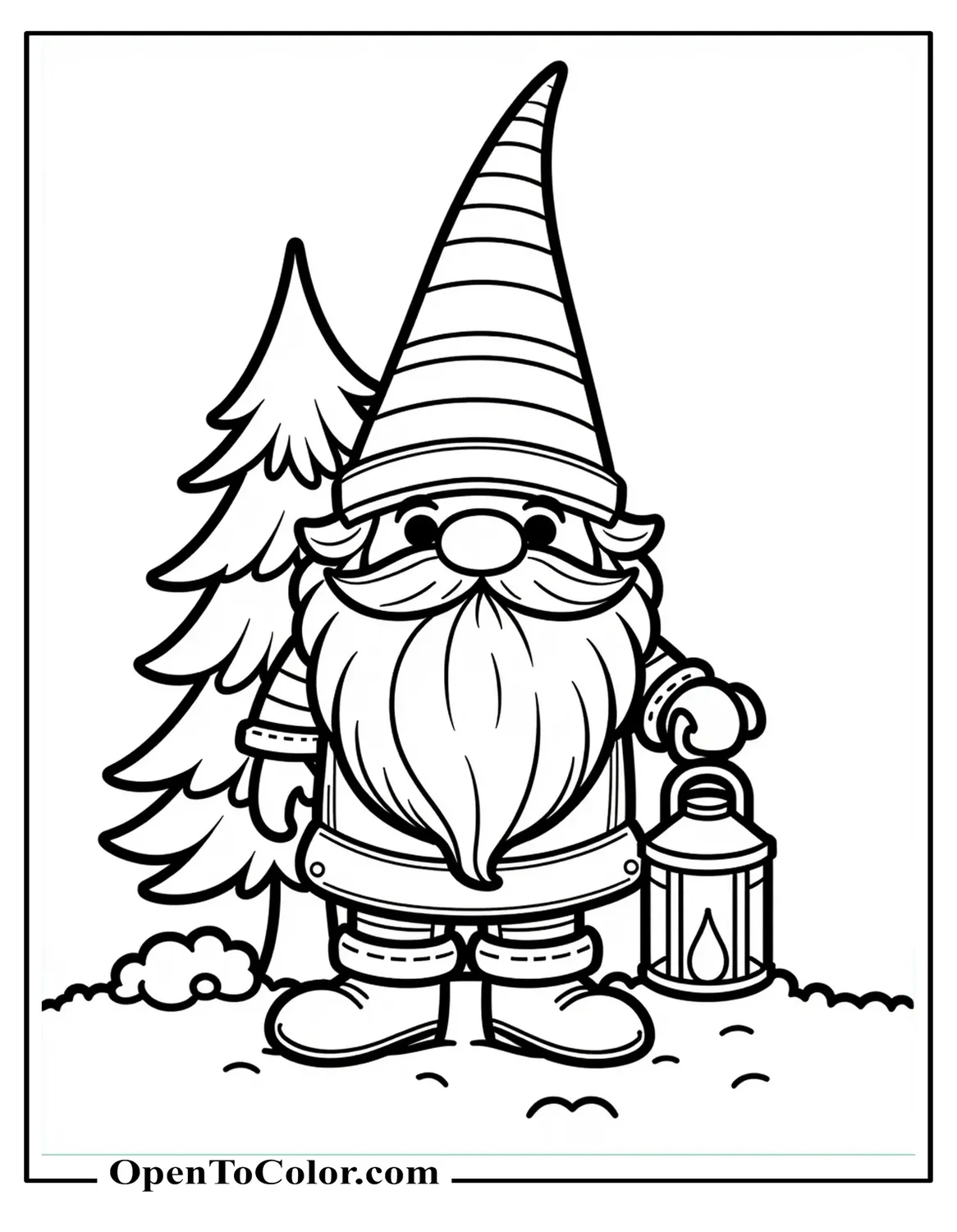 Free Coloring Page of Gnome with Tall Striped Hat Holding a Lantern, Small Pine Tree Behind