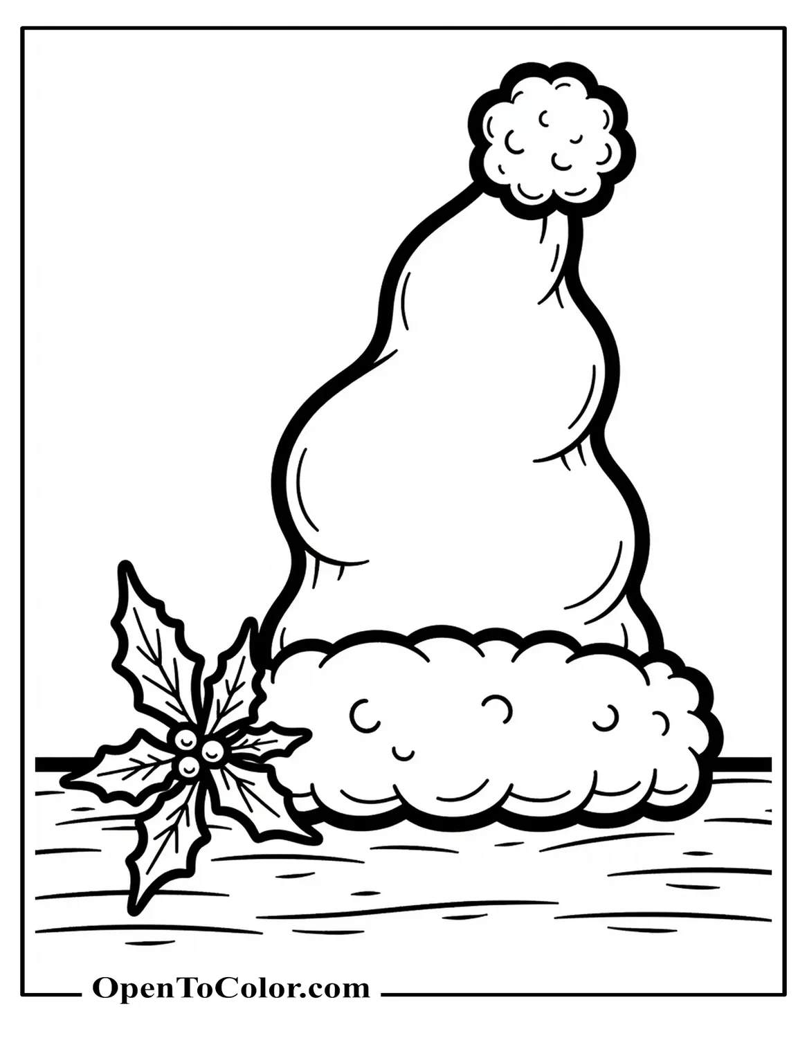 Coloring Page PDF: Santa Hat on a Table with a Sprig of Holly, Pom-Pom Fluffy Texture