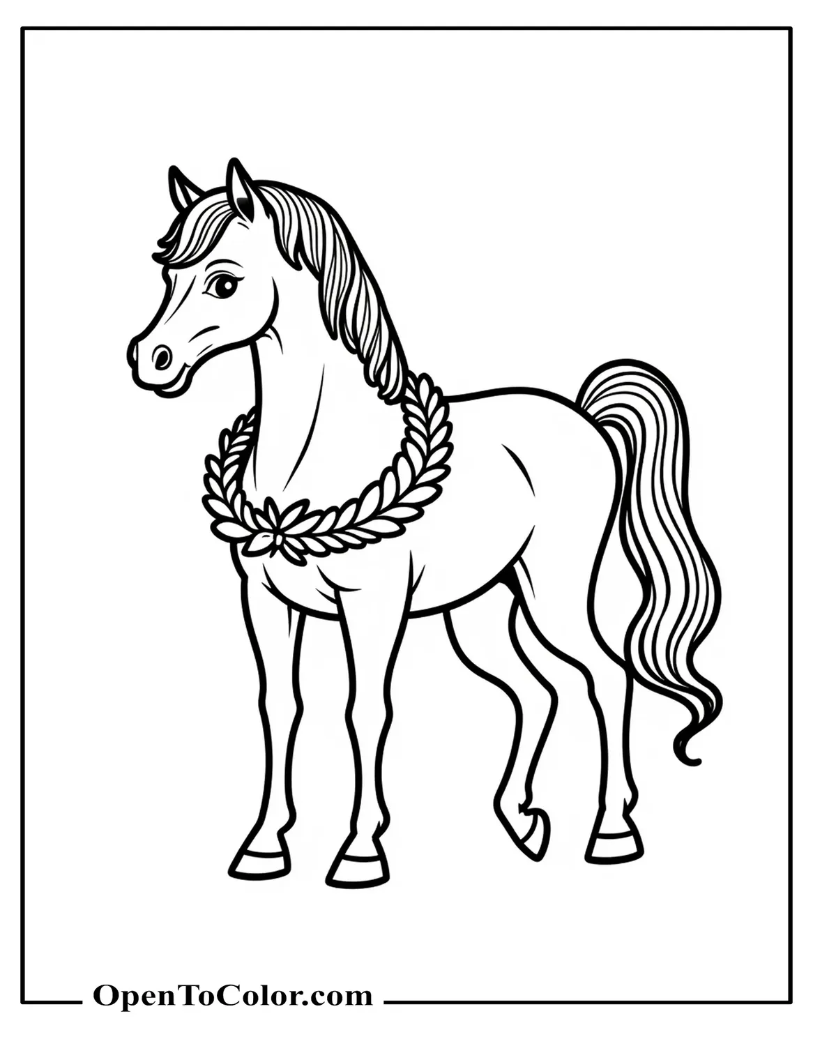 Printable Coloring Page of a Horse with a Wreath Around Its Neck