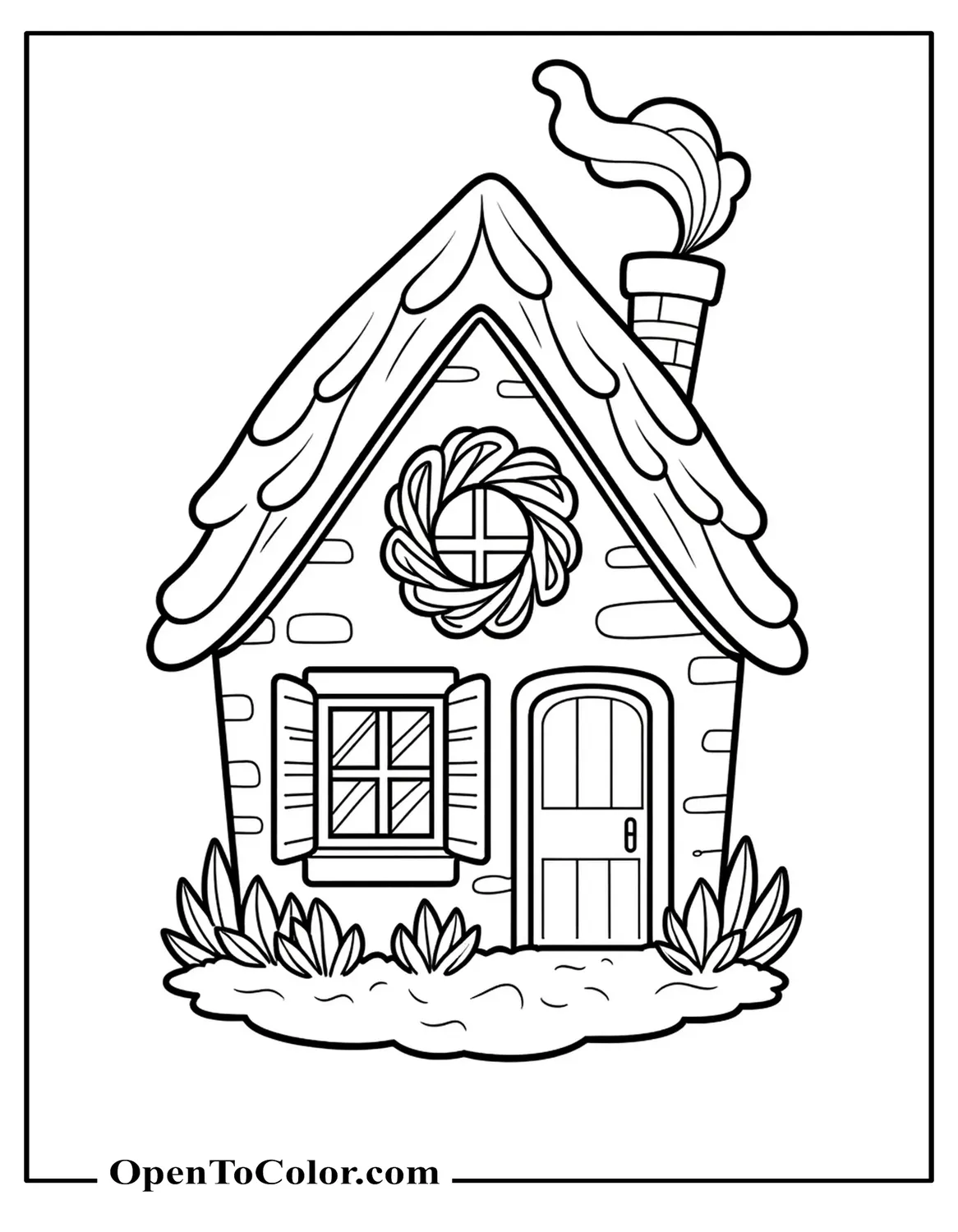 Printable Coloring Sheet of Cozy Cottage with Wreath on Window, Smoke Curling from Chimney