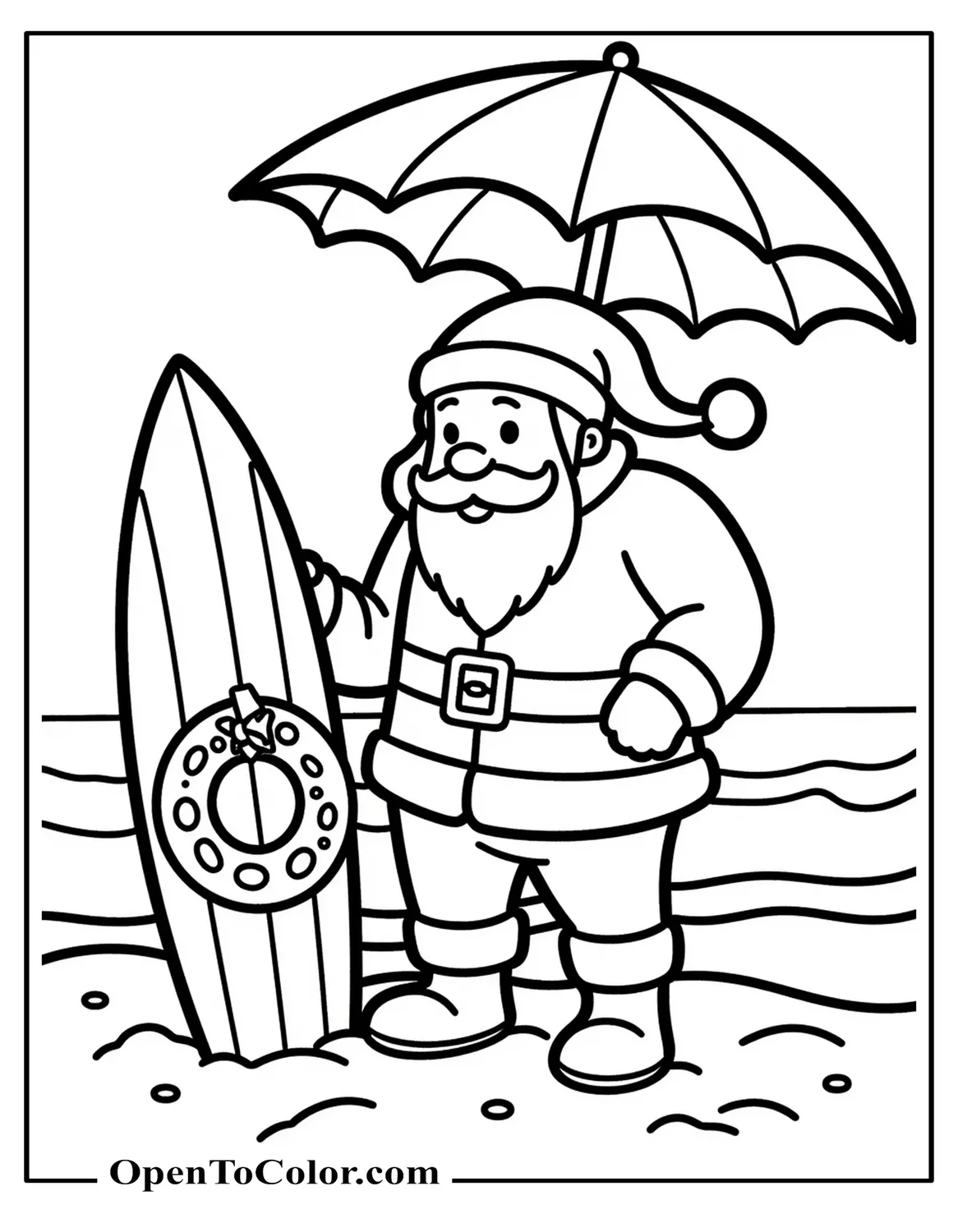 Santa at the beach under an umbrella, surfboard with wreath nearby, coloring sheet PDF.