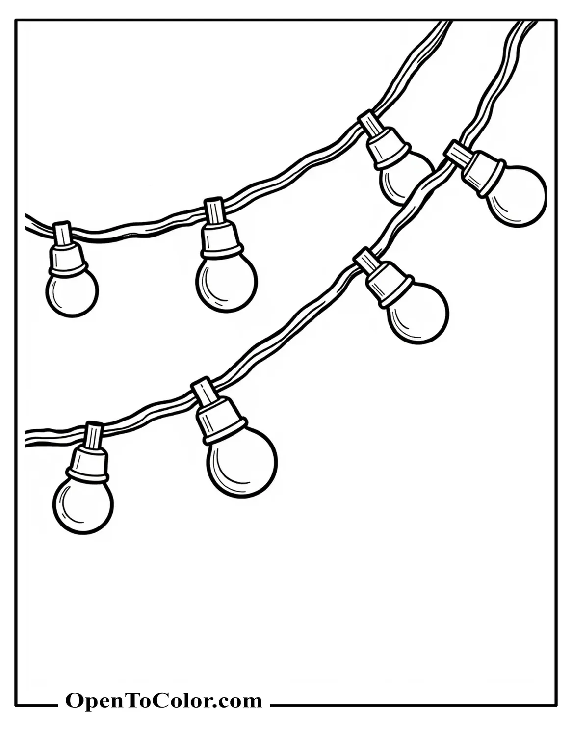 Free Coloring Sheet of a String of Christmas Lights Draped Across the Page, Plugs and Bulbs Detailed