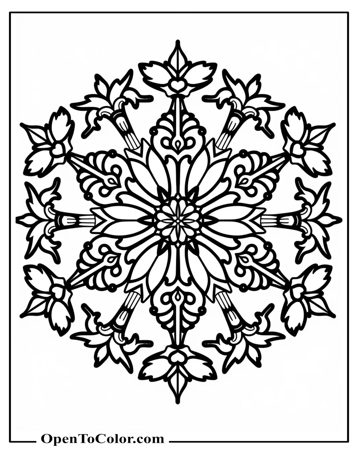 Free Coloring Sheet: Mandala of Snowflakes, Holly, Bells, and Stars, Detailed for Adults