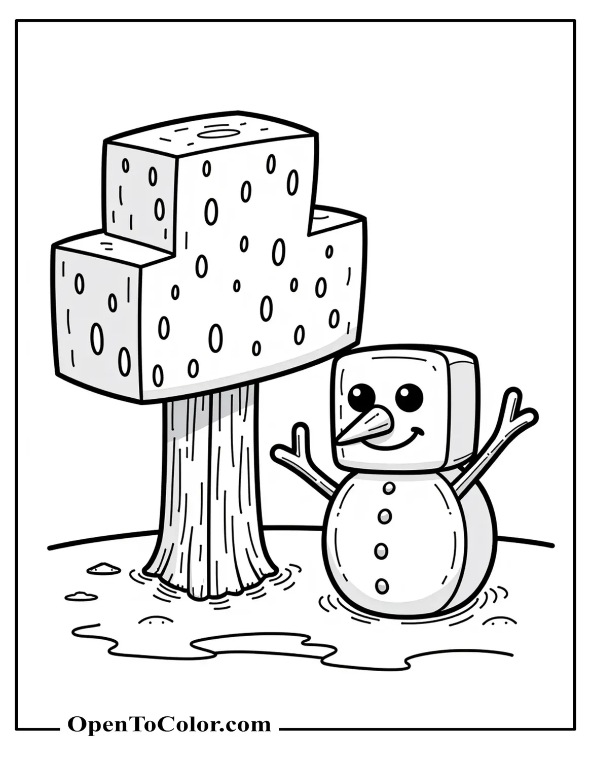 Minecraft-style blocky tree and blocky snowman, pixel edges, coloring sheet PDF