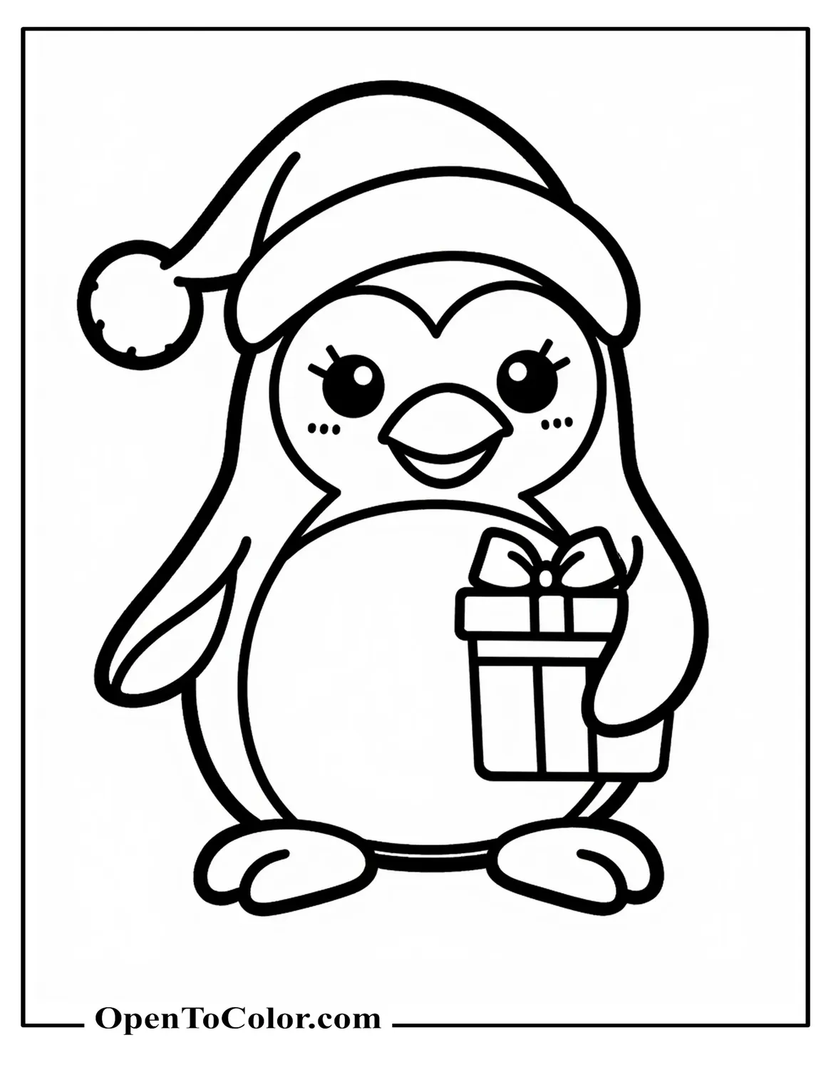 Christmas Penguin Coloring Sheet Printable with Santa Hat and Gift Box