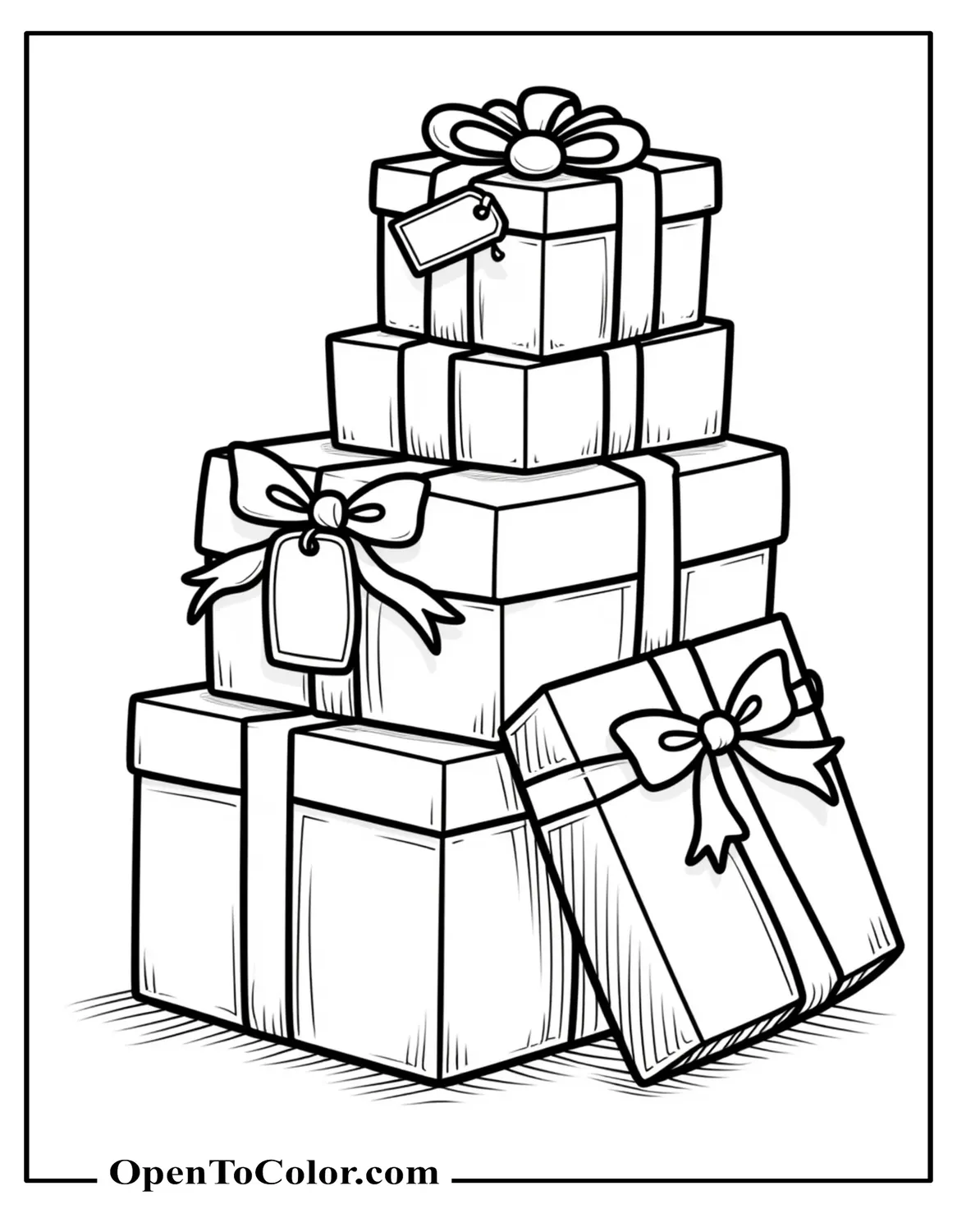 Free Coloring Page of Stack of Presents with Ribbons and Tags, One Box Lid Slightly Ajar