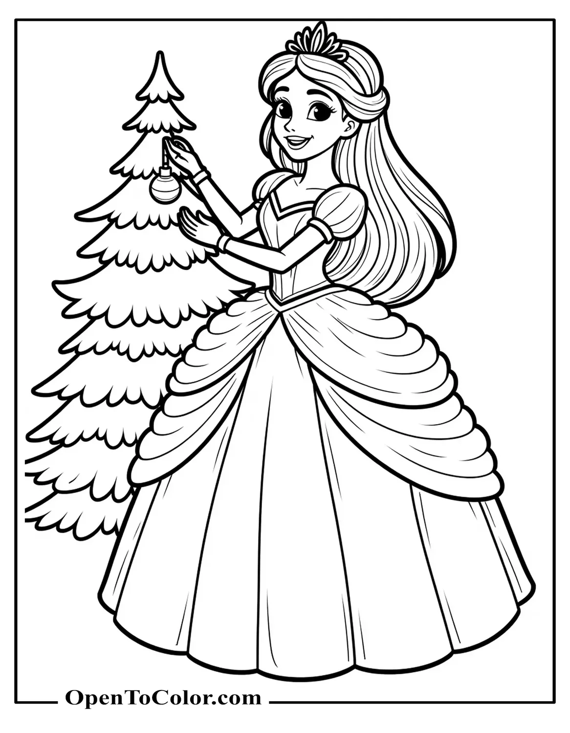 Free Coloring Page of Princess in Winter Gown Placing an Ornament on a Tree, Tiara and Gloves