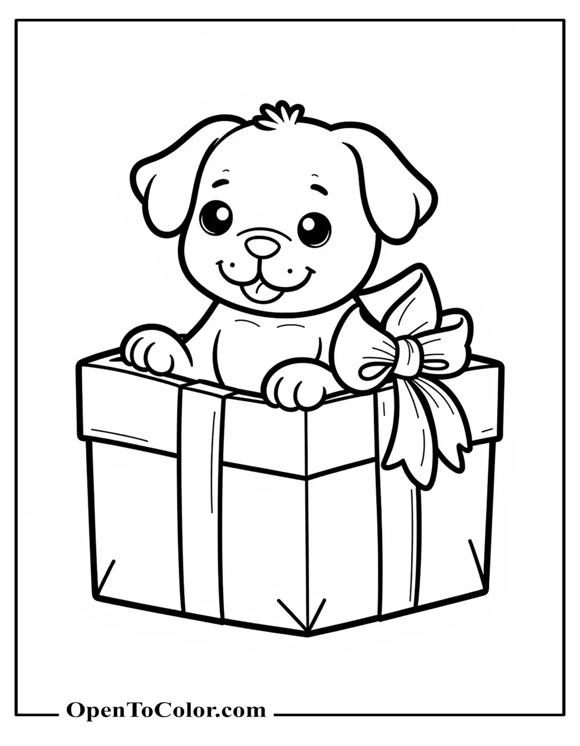 Printable Coloring Sheet of a Puppy Popping Out of a Gift Box
