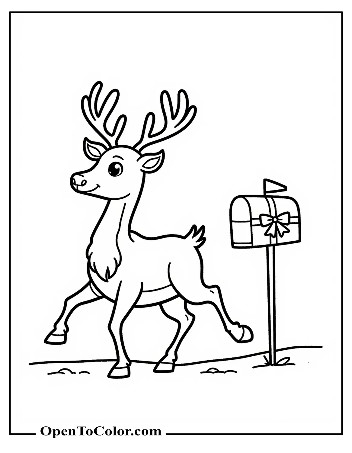 Printable Coloring Page of a Christmas Reindeer Prancing Past a Mailbox with a Bow