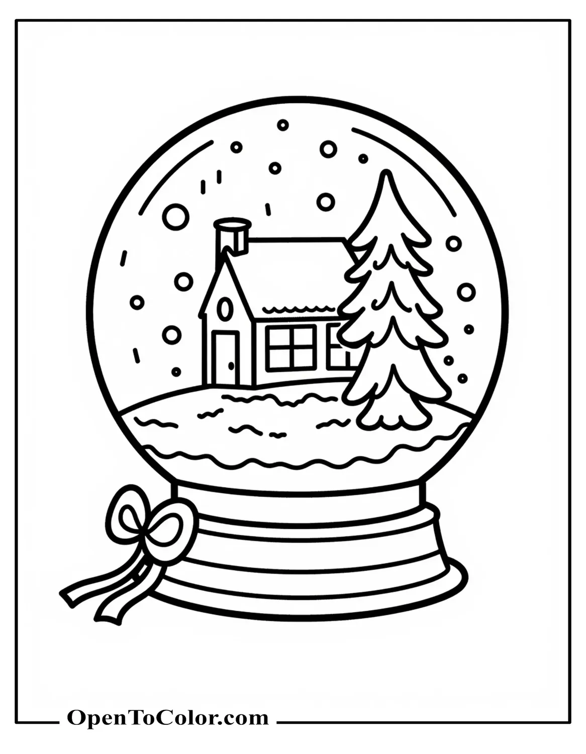 Snow Globe Coloring Page PDF With A Small House And Tree Inside, Base With Ribbon