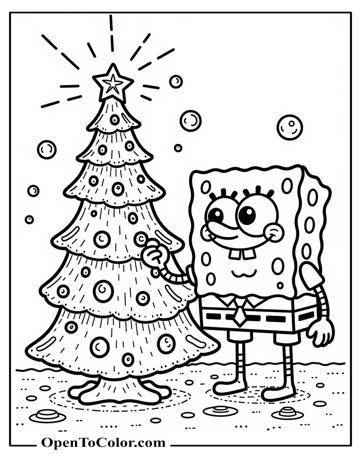 Spongebob Decorating A Coral-Shaped Tree, Ornaments And Bubbles Coloring Page PDF