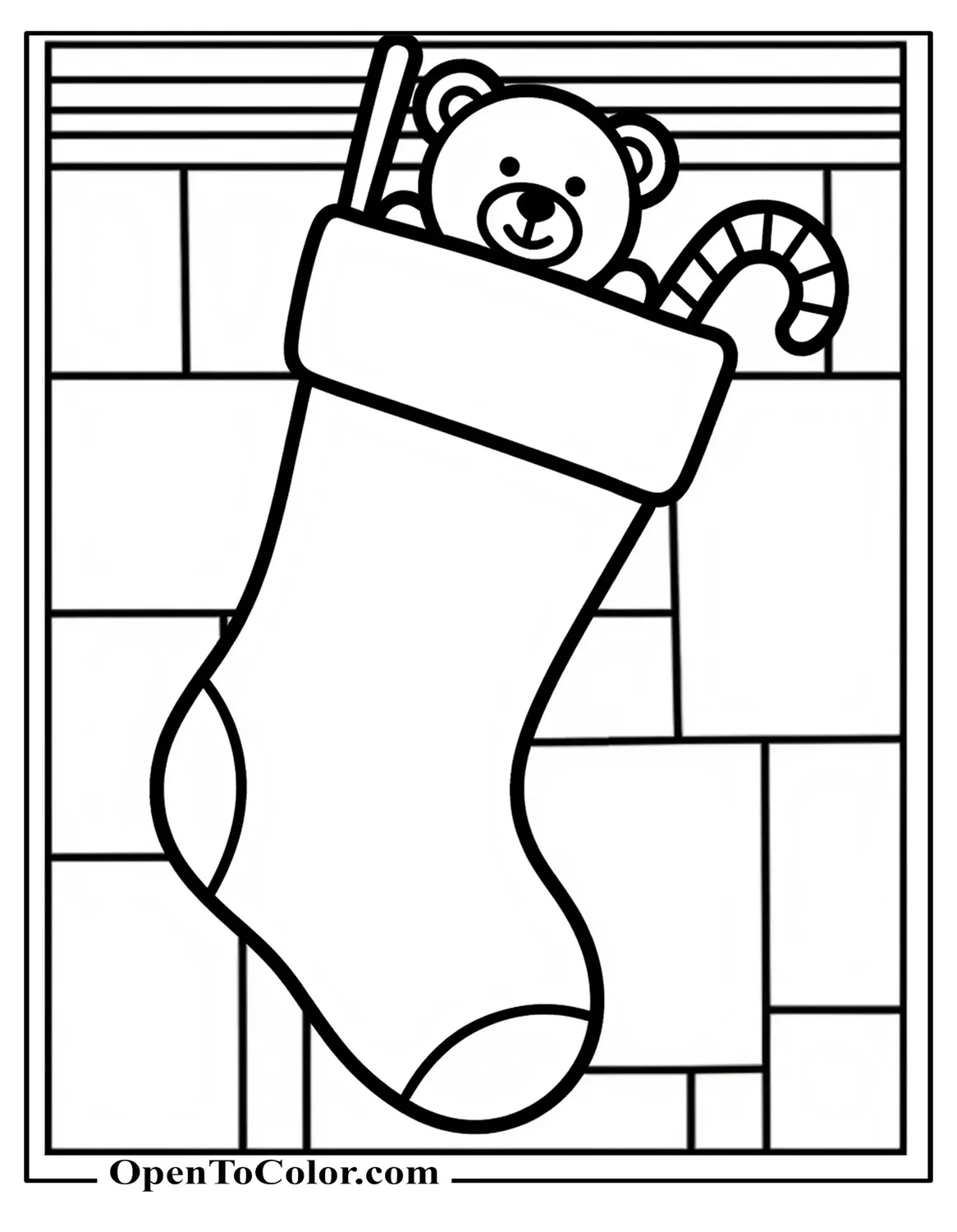 Christmas Stocking Coloring Page PDF Filled With Candy Cane And Teddy Bear, Hanging From Mantle