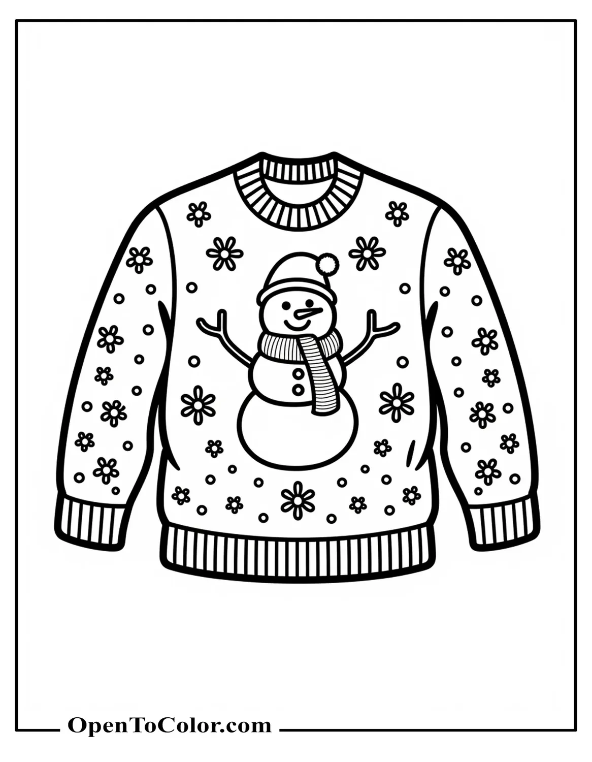 Knitted sweater coloring sheet PDF laid flat with snowman motif, ribbed cuffs and hem