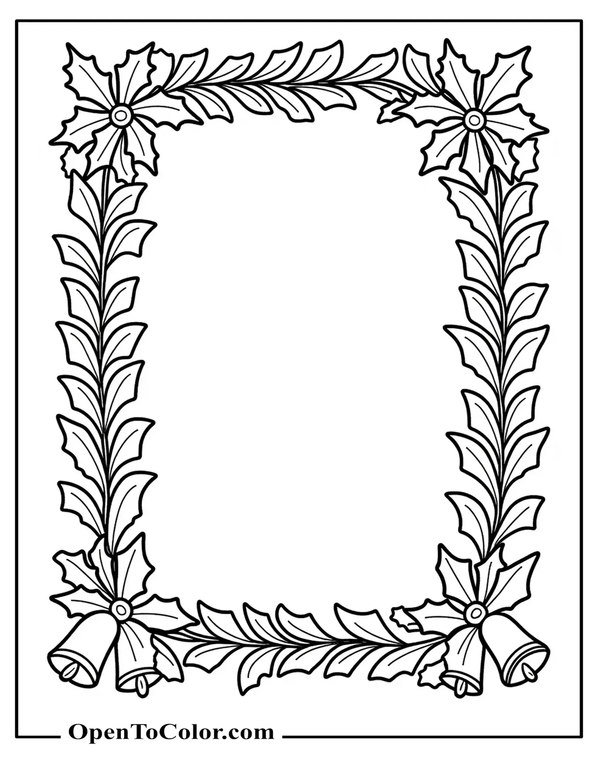 Festive border of holly and bells around a blank center scene for a free coloring page.