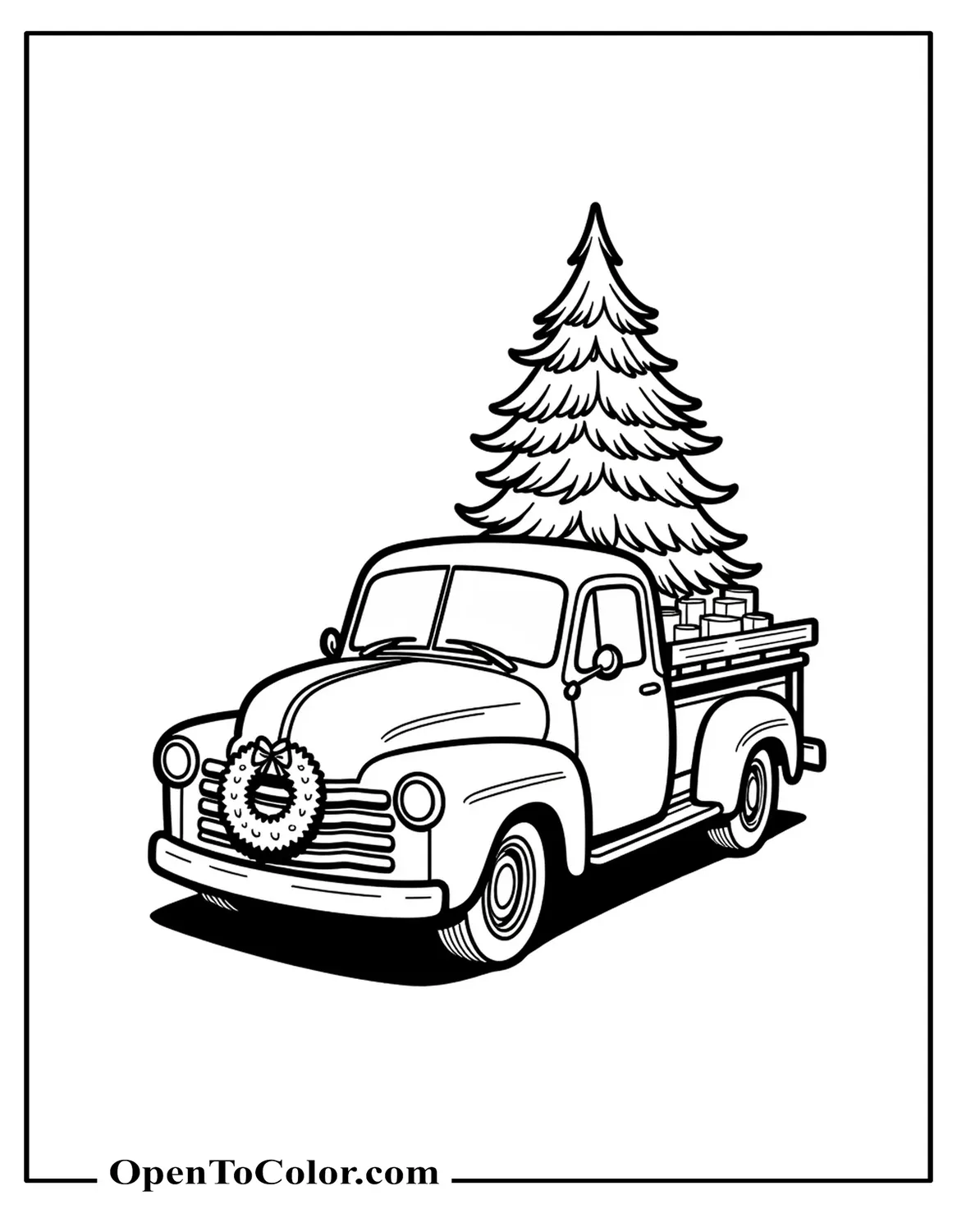 Pickup truck carrying a tree in the bed, wreath on the grill, coloring page, printable.