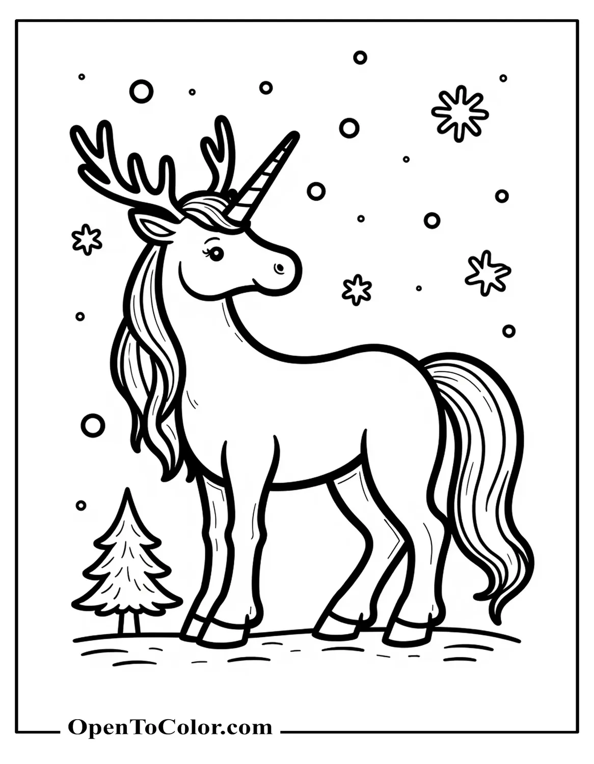 Free Coloring Sheet: Unicorn with Antlers Standing by a Small Tree, Snowflake Border