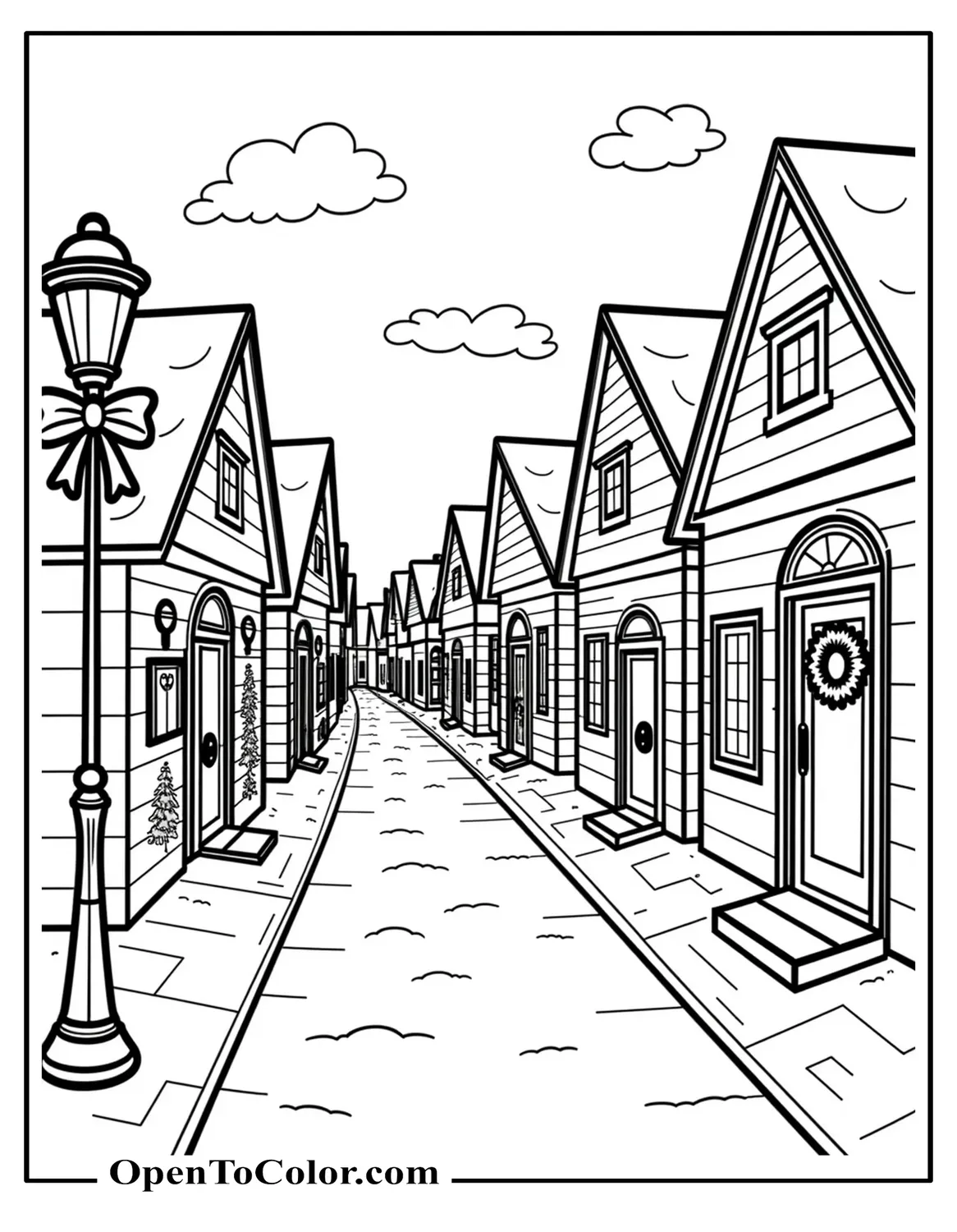 Village street coloring page PDF with small shops, wreaths on doors, lampposts with bows