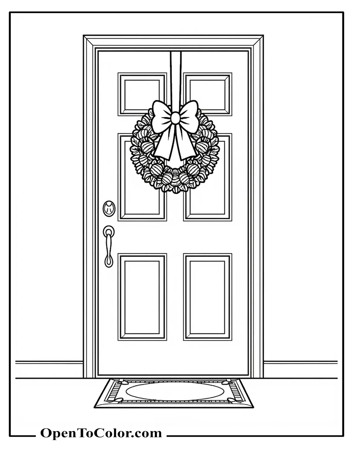 Coloring Page PDF of Wreath on a Front Door with Bow and Pinecones, Doormat Below