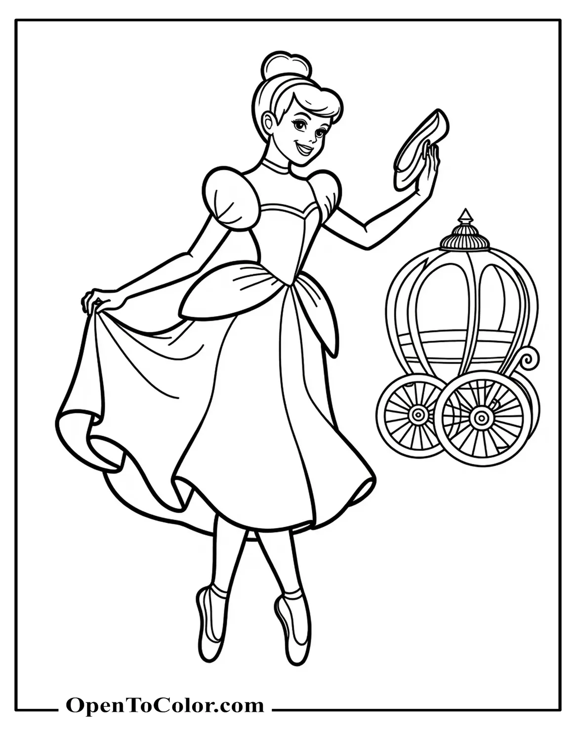 Free Cinderella Coloring Sheet In A Ballet Outfit Holding One Pointe Shoe While A Small Carriage Sits In The Background