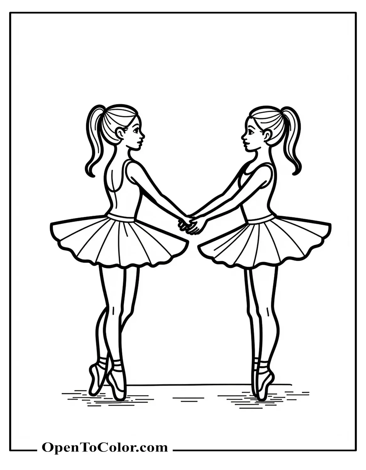 Free Coloring Sheet of Two Ballet Dancers Facing Each Other Holding Hands in a Partnered Pose on a Simple Stage