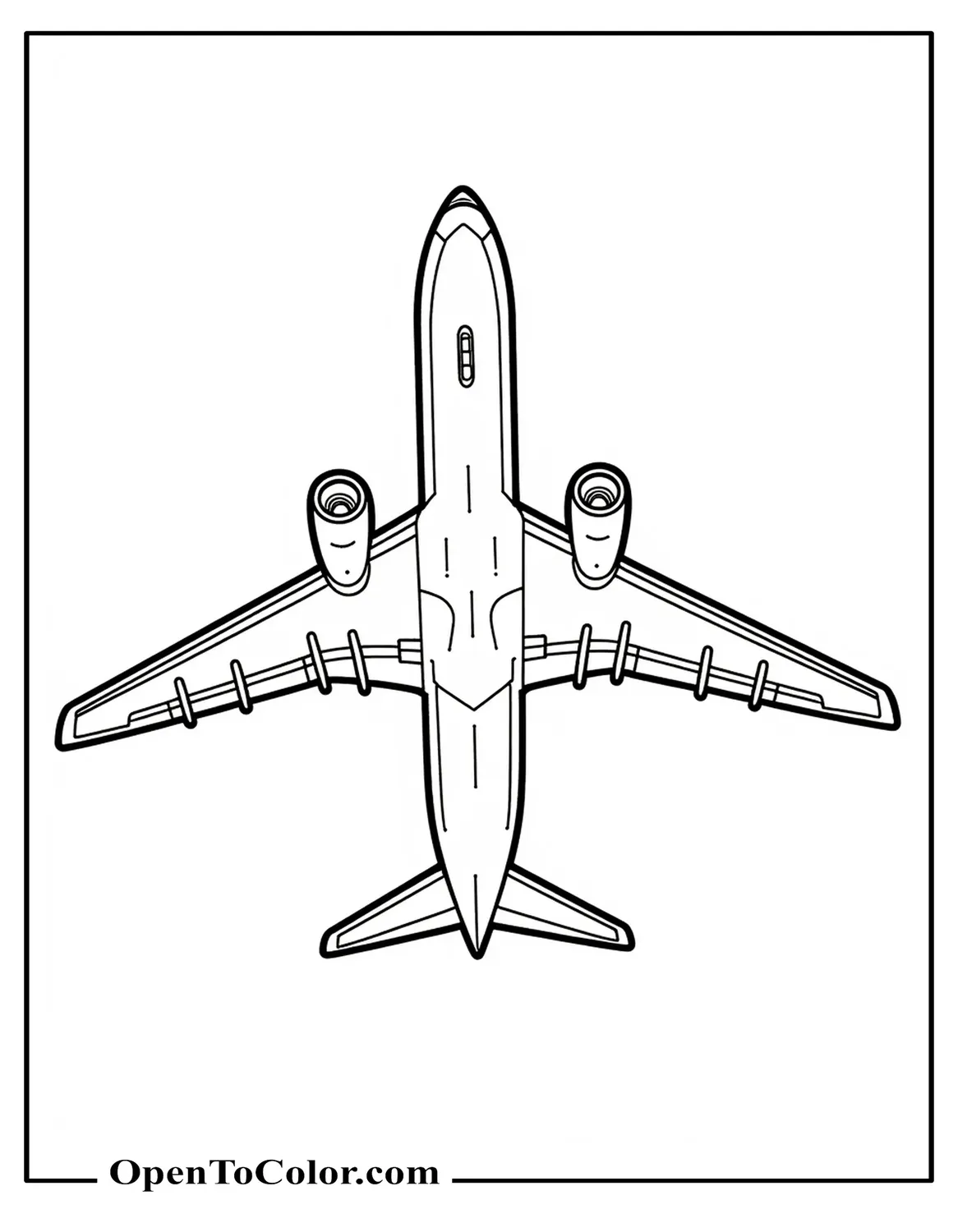 Free Coloring Sheet of Modern Commercial Jet Seen from Below with Detailed Wings and Engines