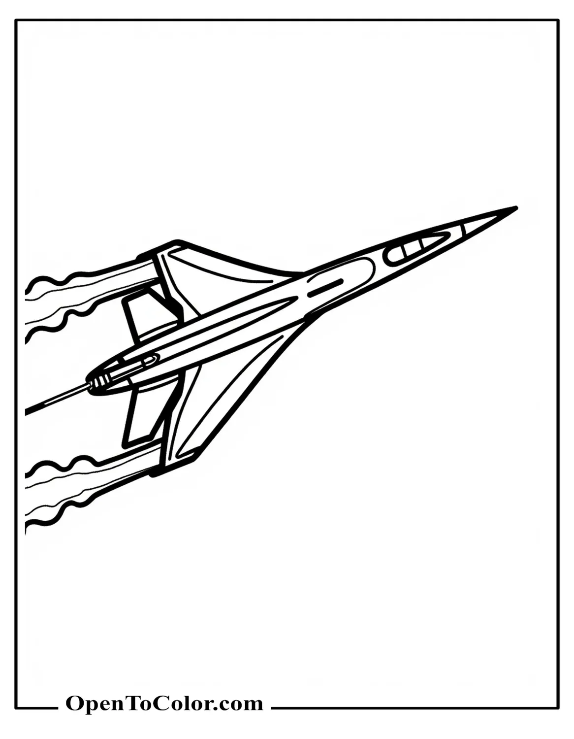 Printable coloring page of a slender Concorde jet in side view streaking across the sky with long pointed nose.