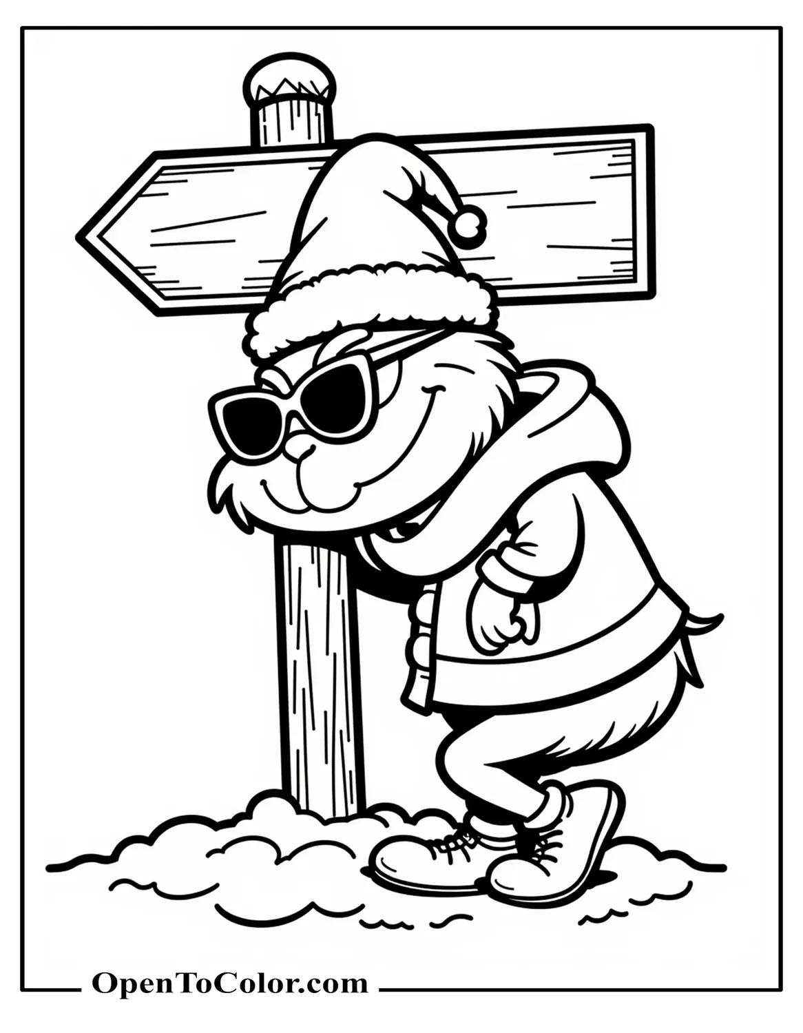 Cool Grinch Wearing Sunglasses And A Jacket, Leaning Against A Signpost With Snow On The Ground, Coloring Sheet PDF