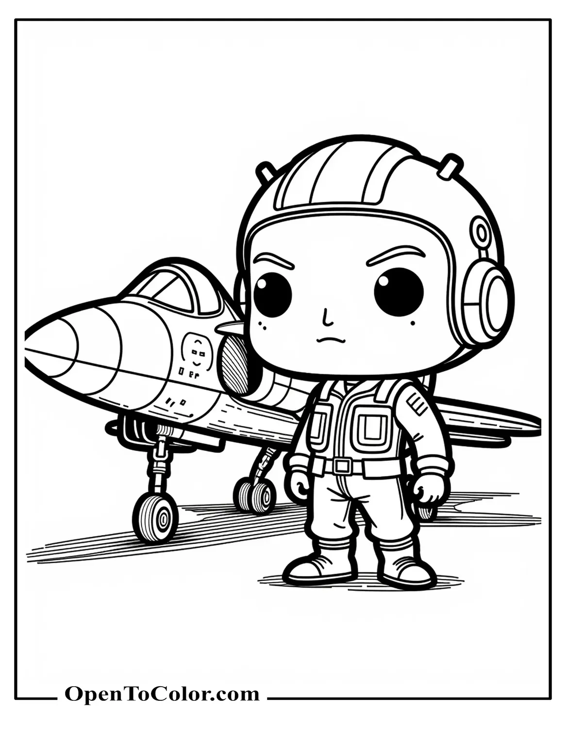 Funko Pop Style Pilot Coloring Sheet With Big Head Standing Next To A Cool Jet In Dynamic Pose PDF