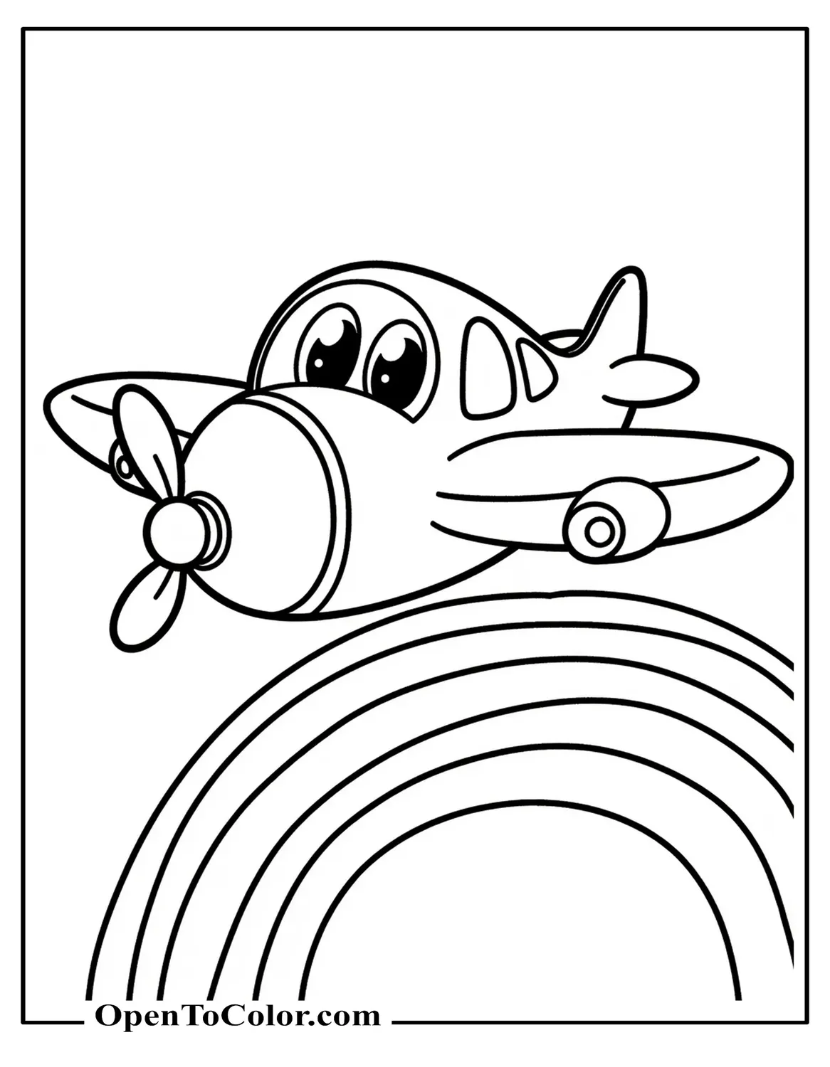 Kawaii style airplane coloring sheet with big eyes and tiny wings flying over a printable rainbow.