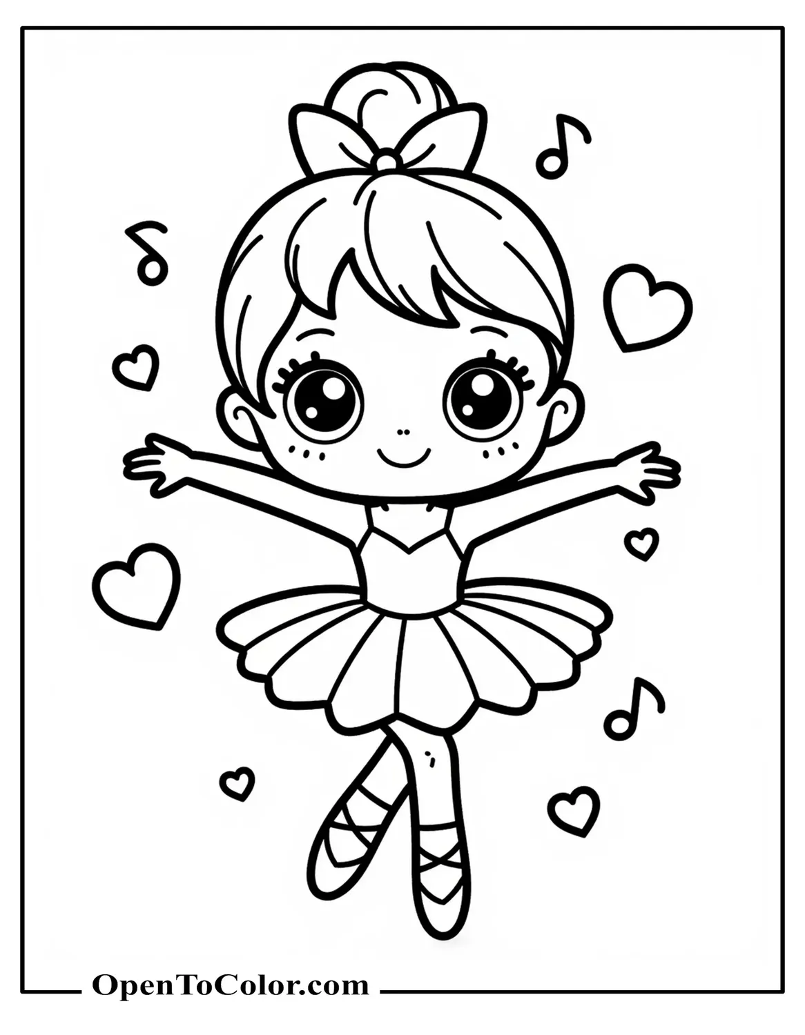 Cute Chibi Ballerina Coloring Page With Big Eyes And Puffy Tutu Twirling With Little Hearts And Music Notes Around Her, Printable