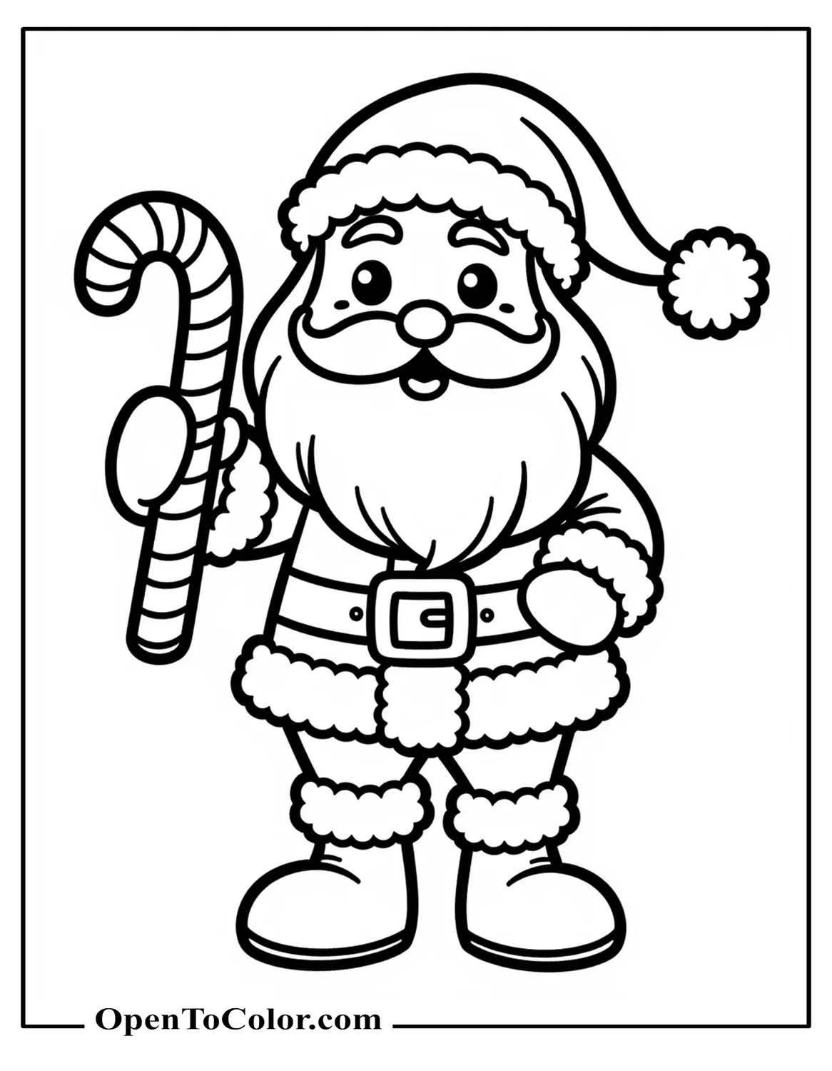 Free Coloring Page of Cute Santa Holding a Candy Cane, Big Boots and Puffy Hat, Chibi Style