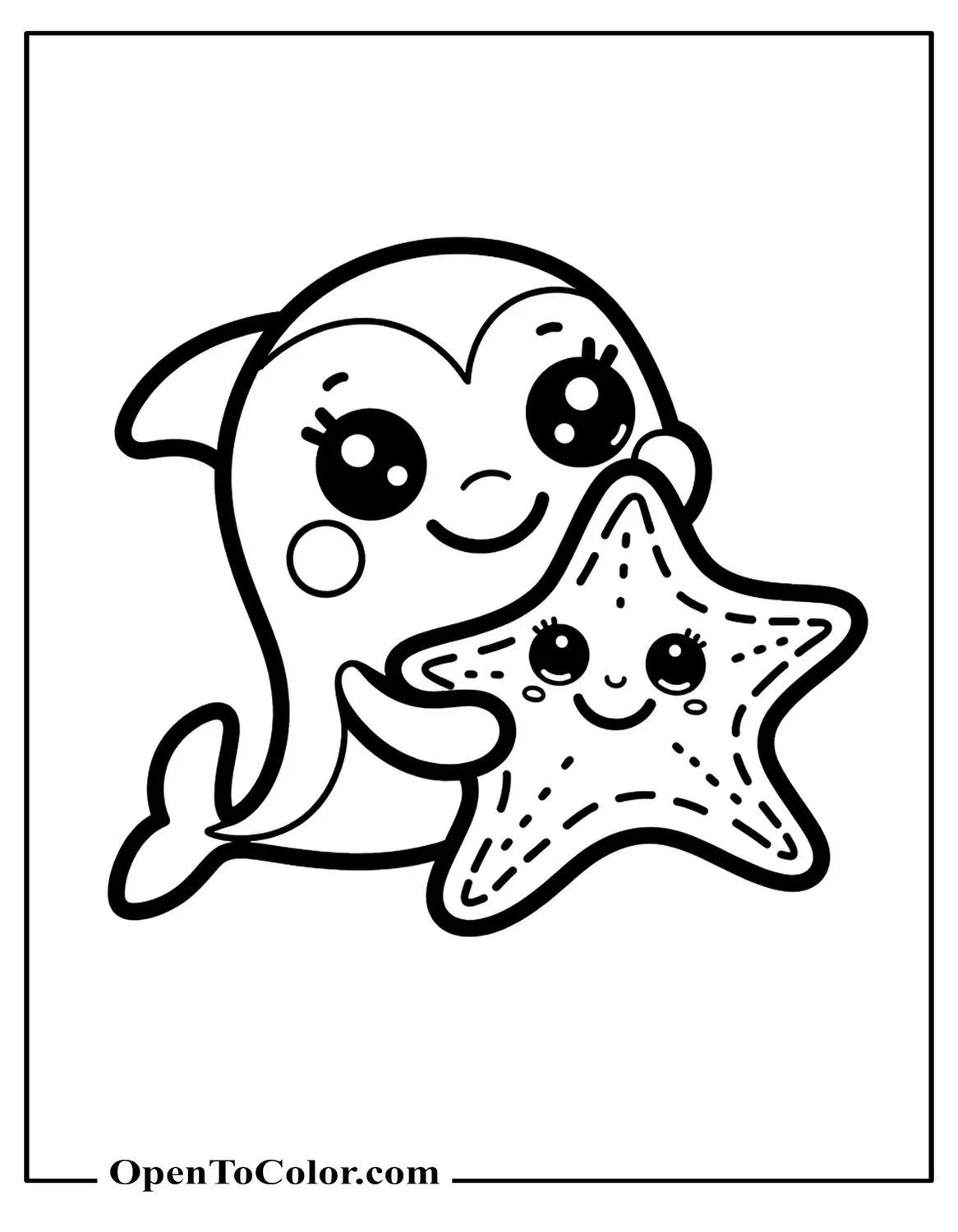 Free Coloring Page of a Cute Dolphin with Big Eyes Hugging a Smiling Starfish