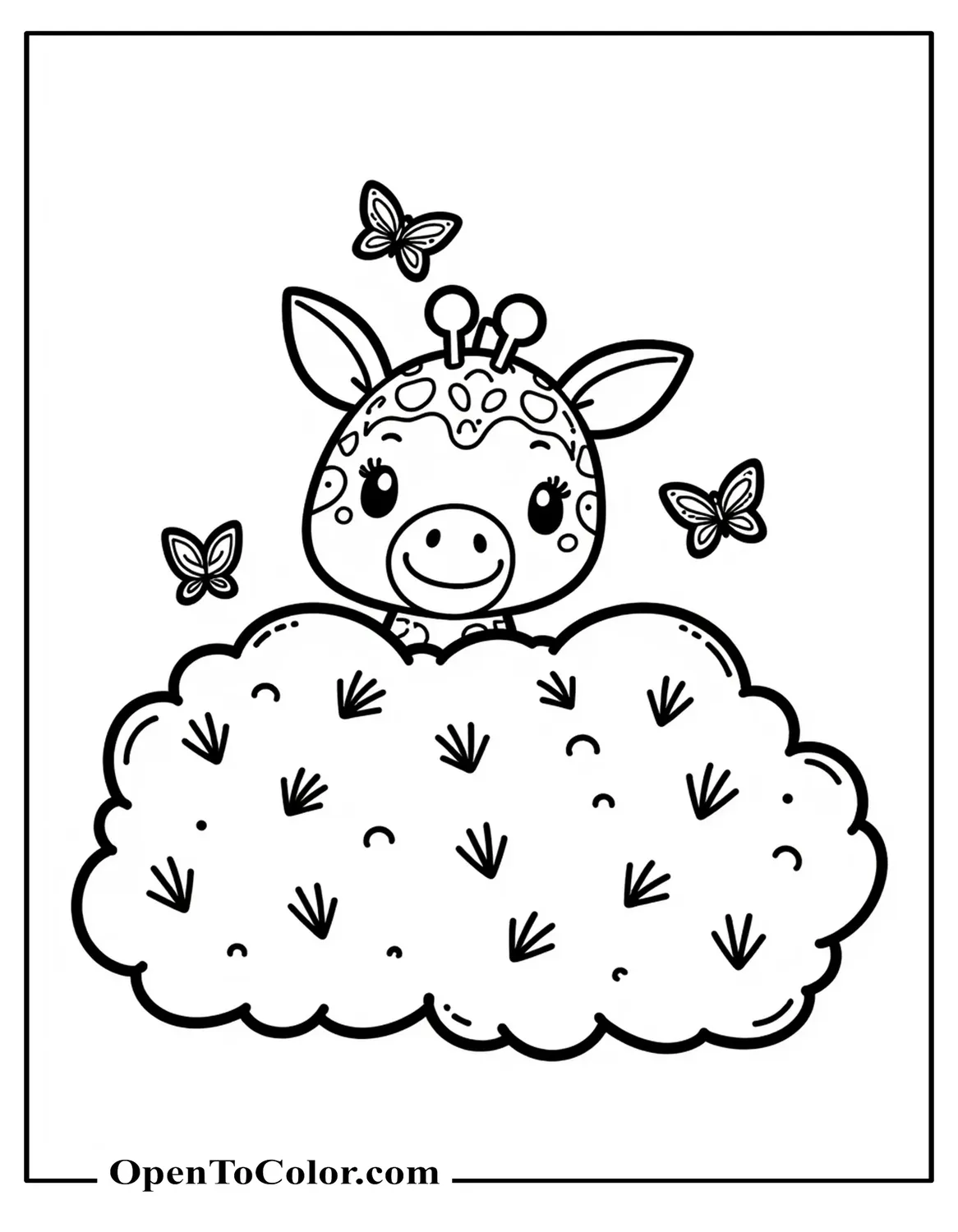 Free Sanrio Style Coloring Page of a Cute Giraffe Peeking From Behind a Bush With Butterflies Around