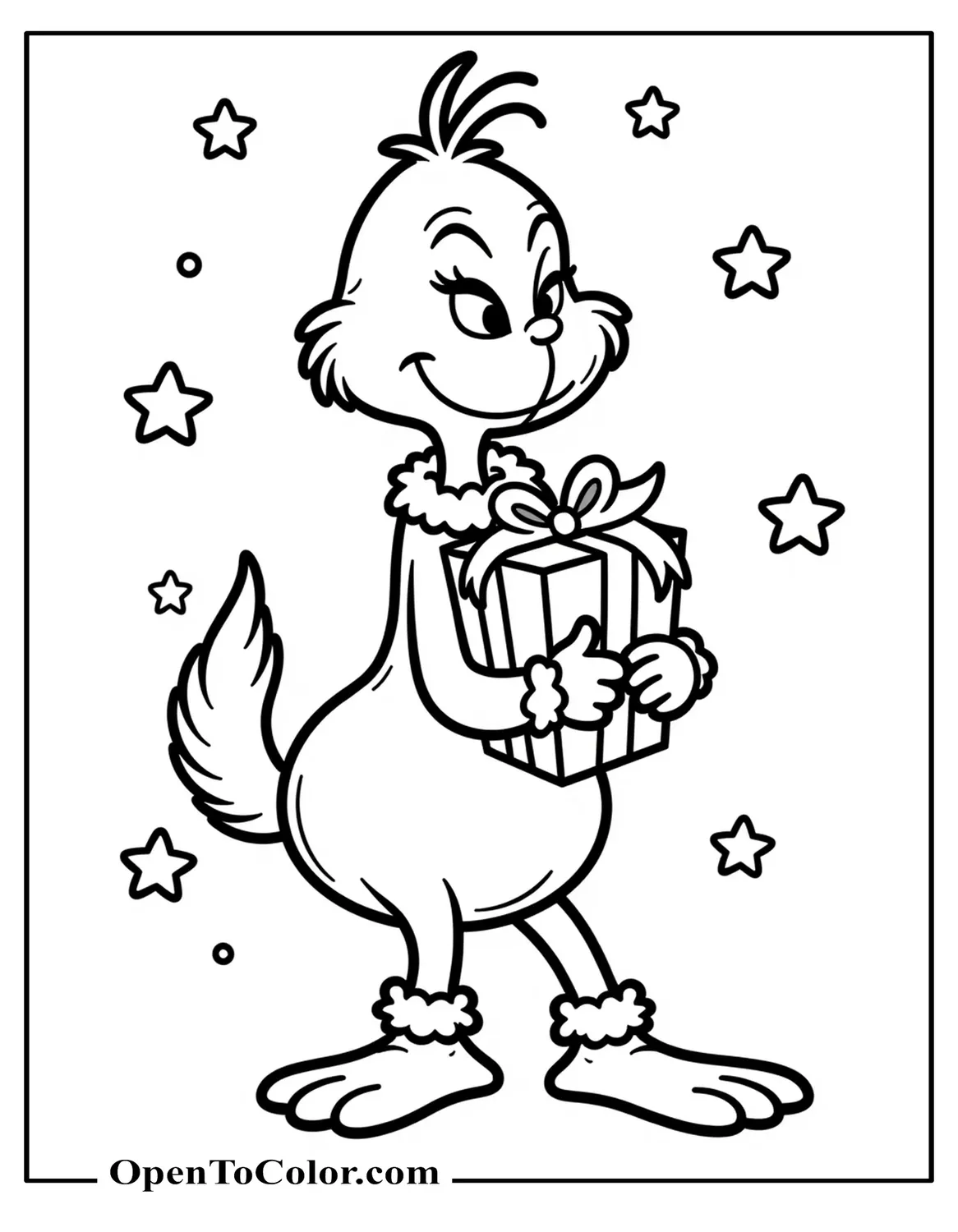 Cute Grinch In Sanrio Style Hugging A Small Present With Tiny Stars Floating Around, Coloring Page PDF