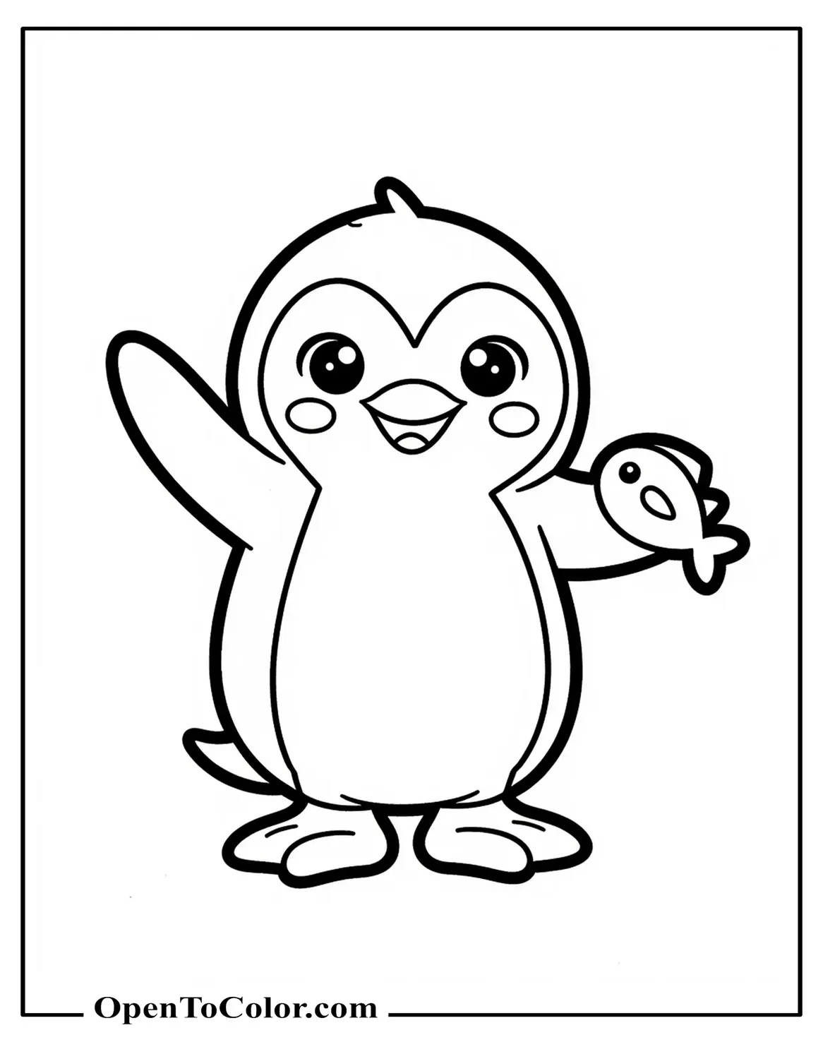 Printable Coloring Sheet: Cute Penguin Waving While Holding a Little Fish in Its Flipper