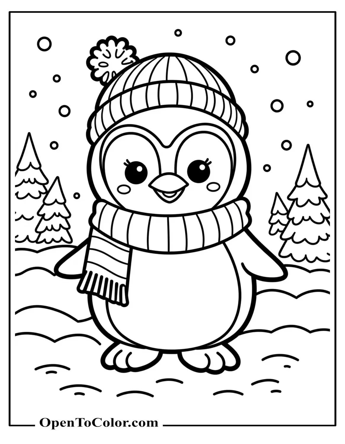 Free Cute Penguin Coloring Sheet With A Scarf And Hat In A Snowy Landscape