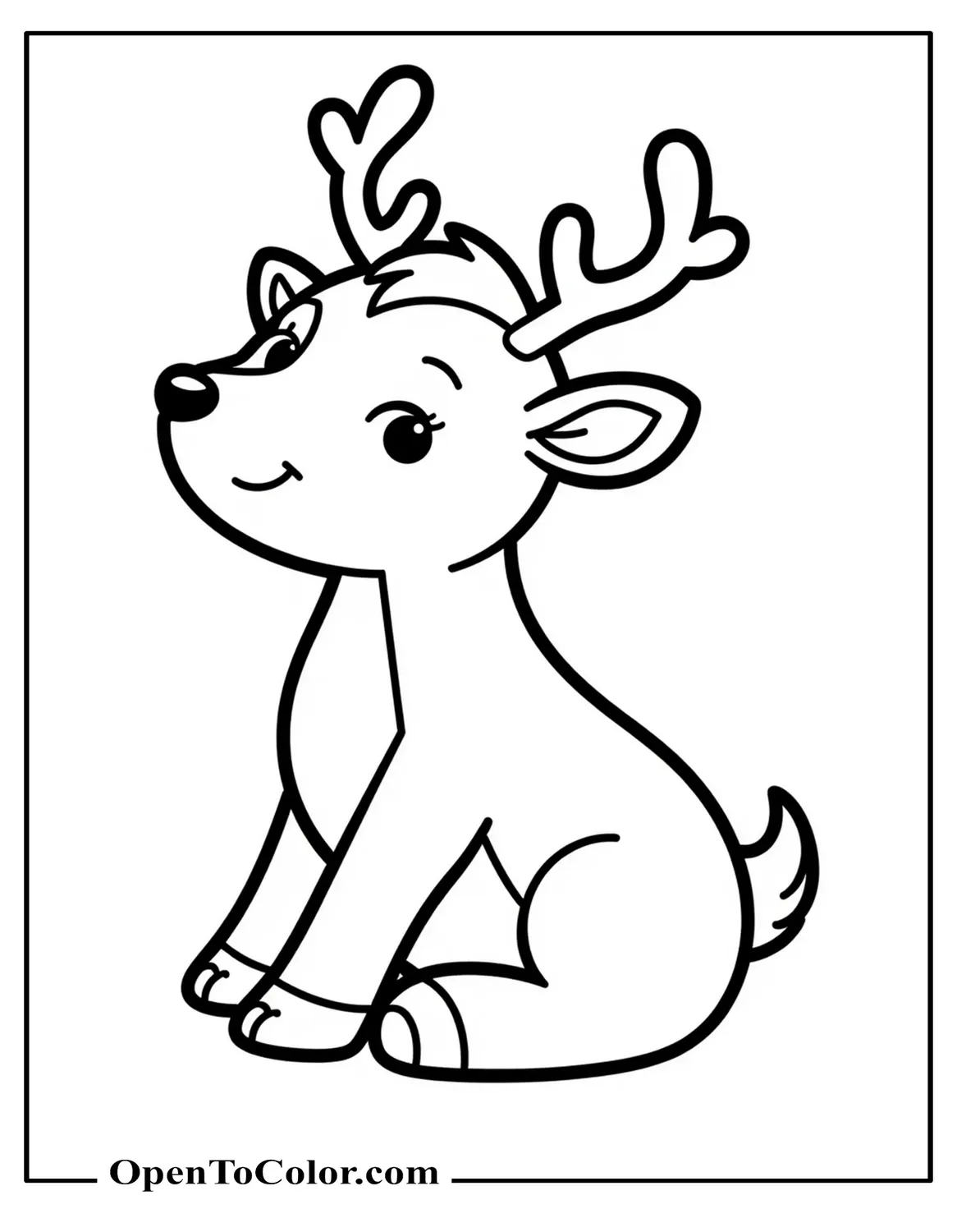 Cute Reindeer Sitting, Tiny Hooves Forward, Star Ornament On Tail, Coloring Sheet PDF