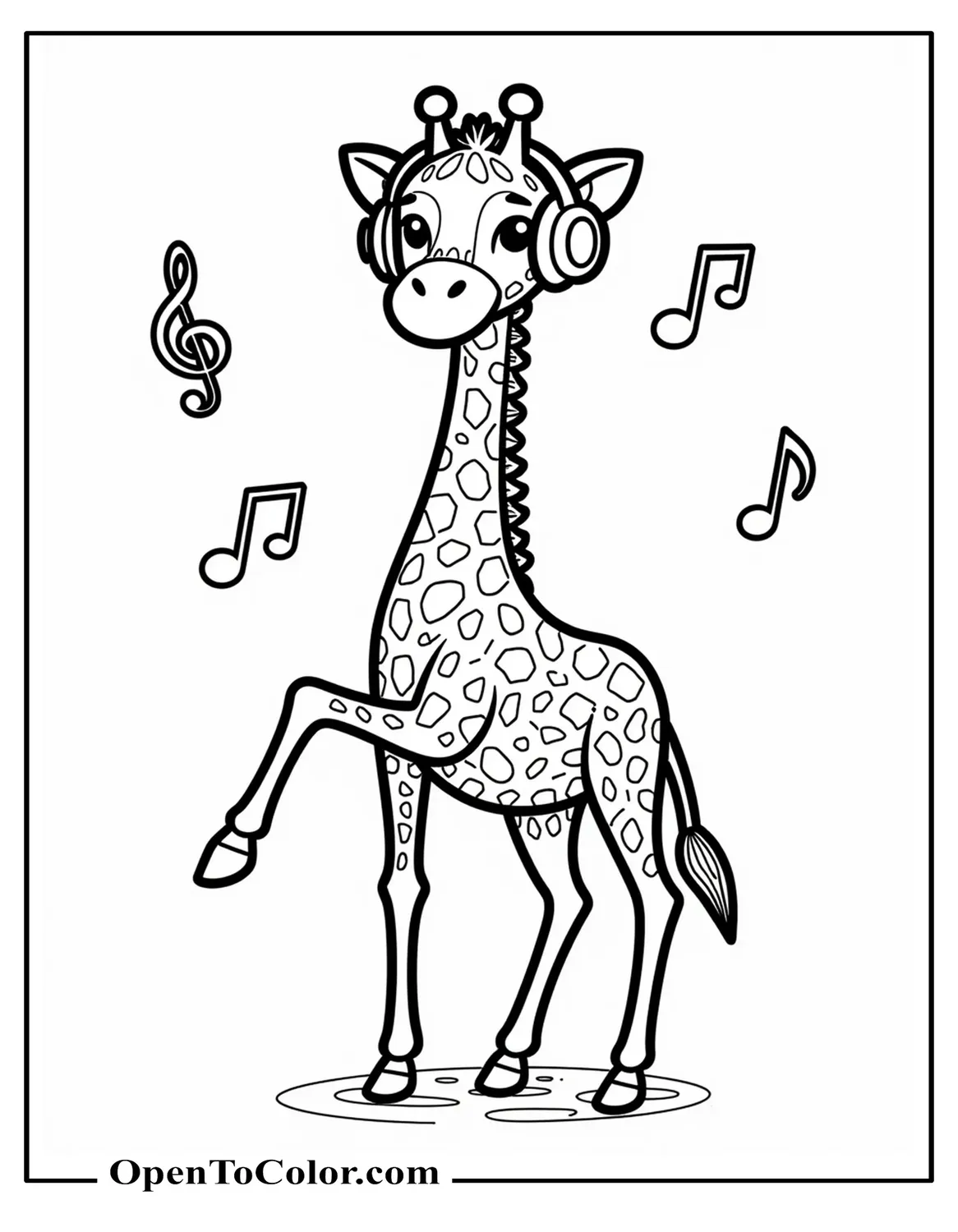 Free Coloring Sheet of a Dancing Giraffe on Two Legs Wearing Headphones with Musical Notes Floating Around