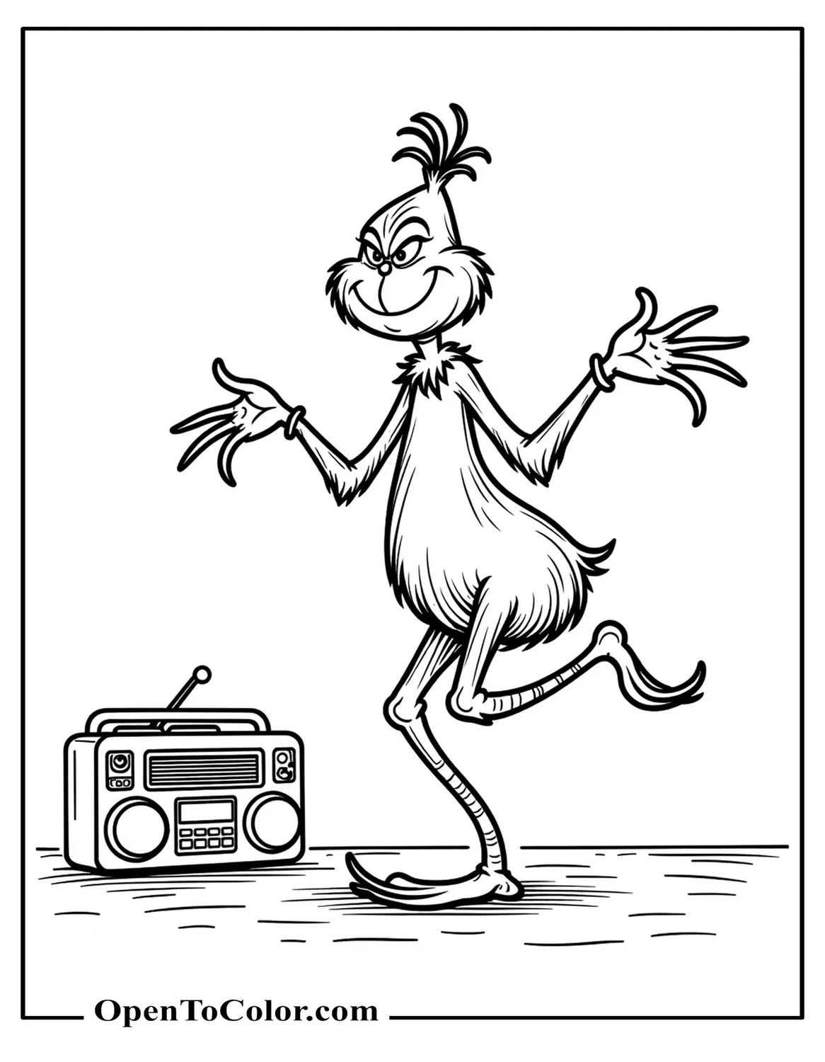 Grinch dancing with one leg lifted and arms spread, music notes and a simple radio on the floor beside him, coloring page PDF.