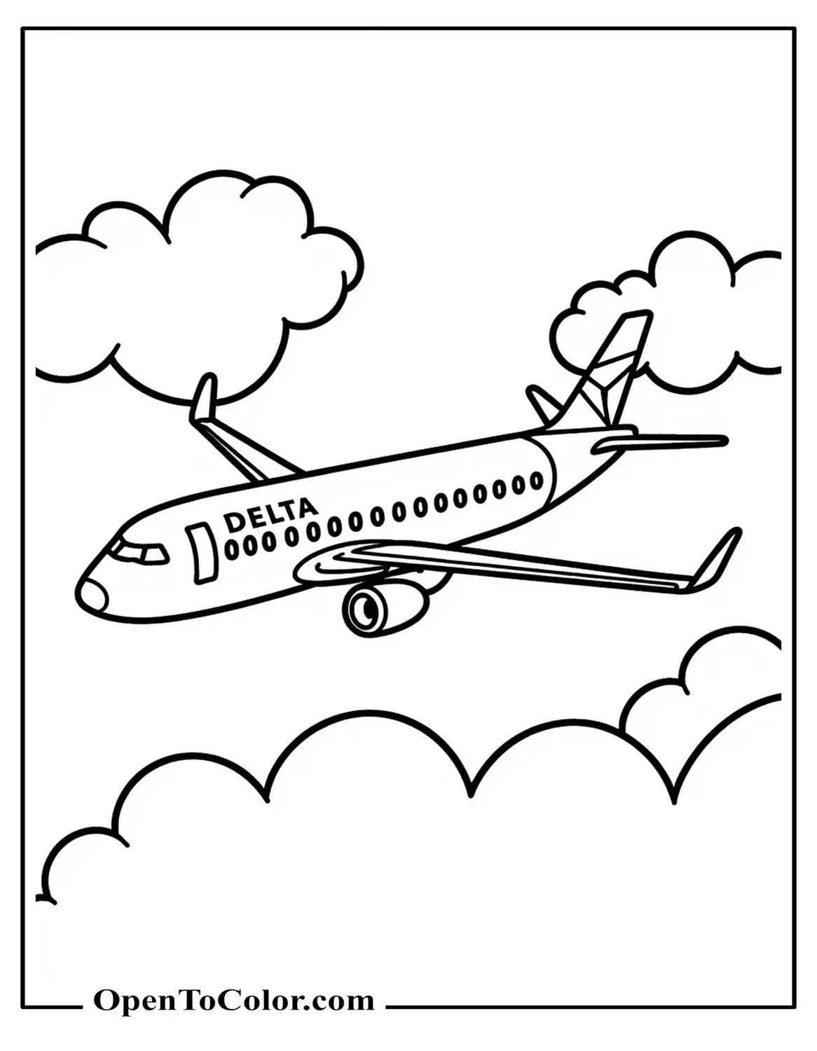 Printable Coloring Sheet of Commercial Airplane with Delta Style Tail Logo Climbing Through Clouds