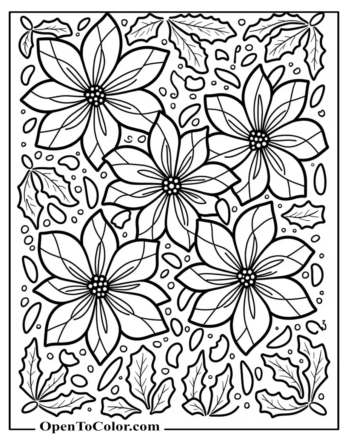 Free Intricate Poinsettias and Holly Pattern Coloring Sheet, Detailed Linework for Adults