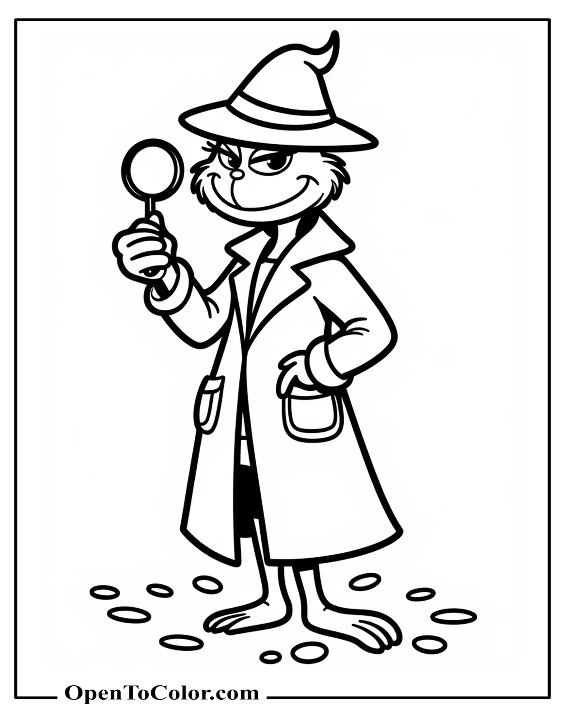Grinch Wearing A Detective Hat And Trench Coat Holding A Magnifying Glass, Simple Footprints On The Ground Around Him, Coloring Page PDF