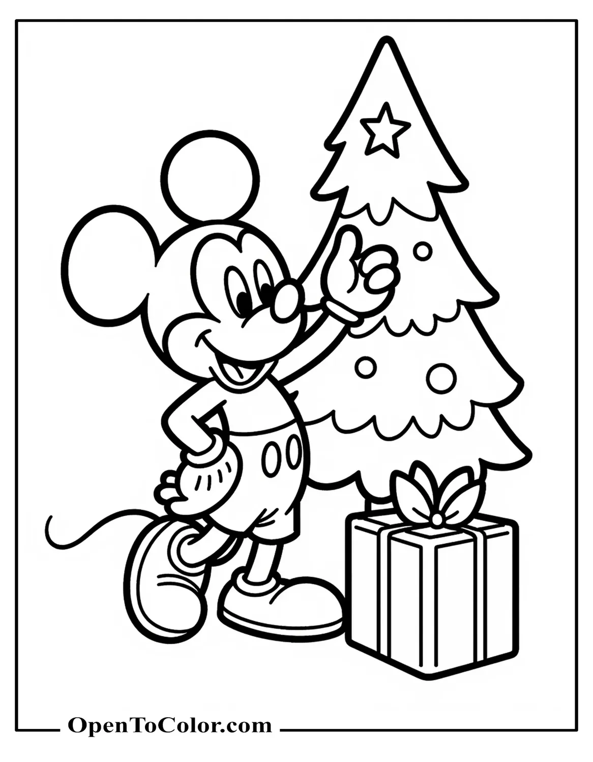 Free Coloring Page of Mickey Mouse Placing a Star on a Tree, One Wrapped Present Nearby, Classic Cartoon Style