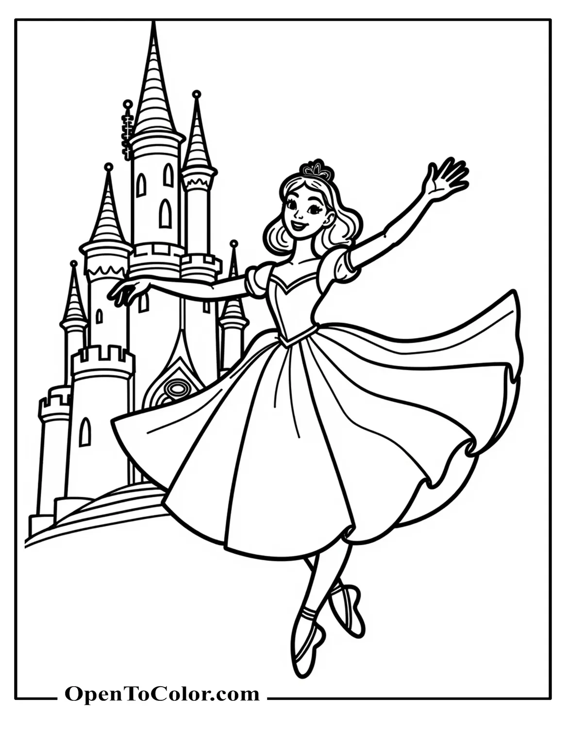 Disney Princess Dressed As A Ballerina Doing A Spin In Front Of A Tall Castle Tower Coloring Sheet PDF