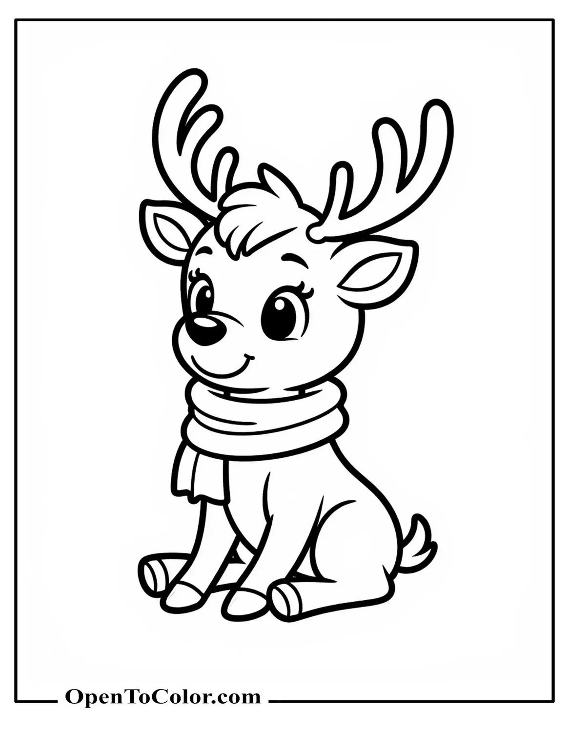 Free Coloring Page: Reindeer in Disney Chibi Style, Sitting Pose, Scarf Tip Curled