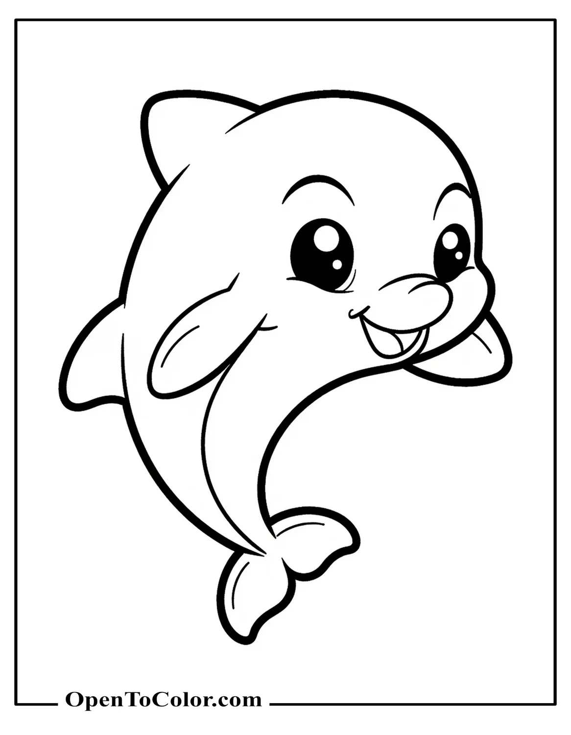 Free Coloring Page of Fun Cartoon Dolphin with Round Head and Big Smile in Disney Chibi Style