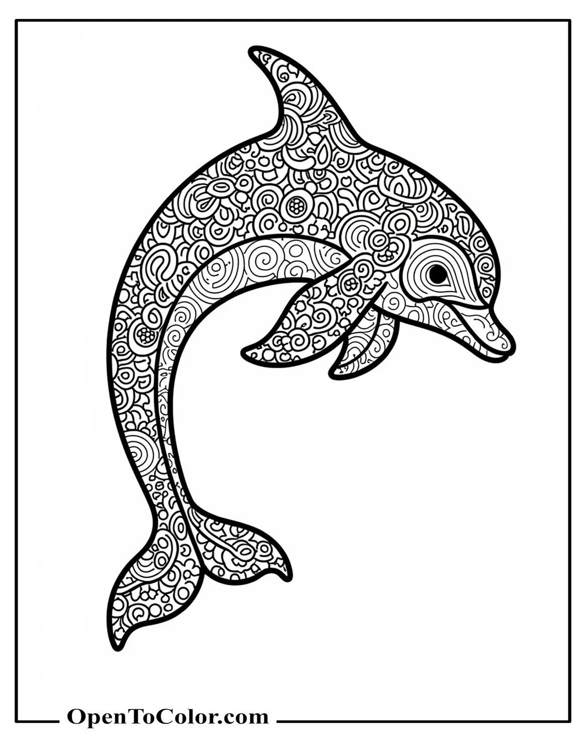Detailed Dolphin Coloring Page Covered In Floral And Geometric Patterns For Adults PDF