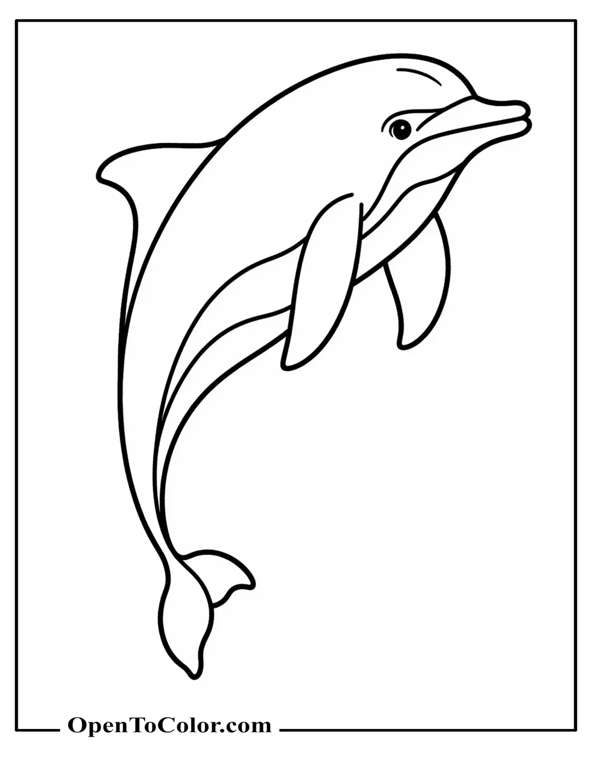 Side view dolphin coloring page drawing with clear outline and a few fin and face details, printable.